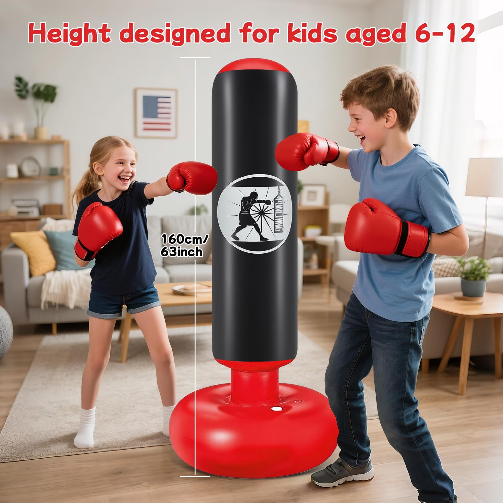 Ninonly Sac de Boxe Enfant 160cm Gonflable avec Pompe et Gants, Set Punching Ball Cadeau 3-12 Ans