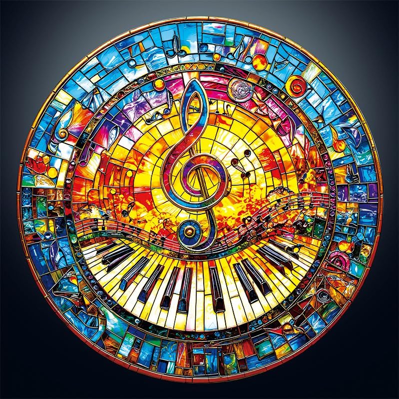 Rompecabezas redondo de 1000 piezas para adultos - 3D Vidrieras Piano Música | 26.8" de diámetro, desafío cerebral circular y decoración artística de pared, regalo consciente para la relajación familiar miniatura 1