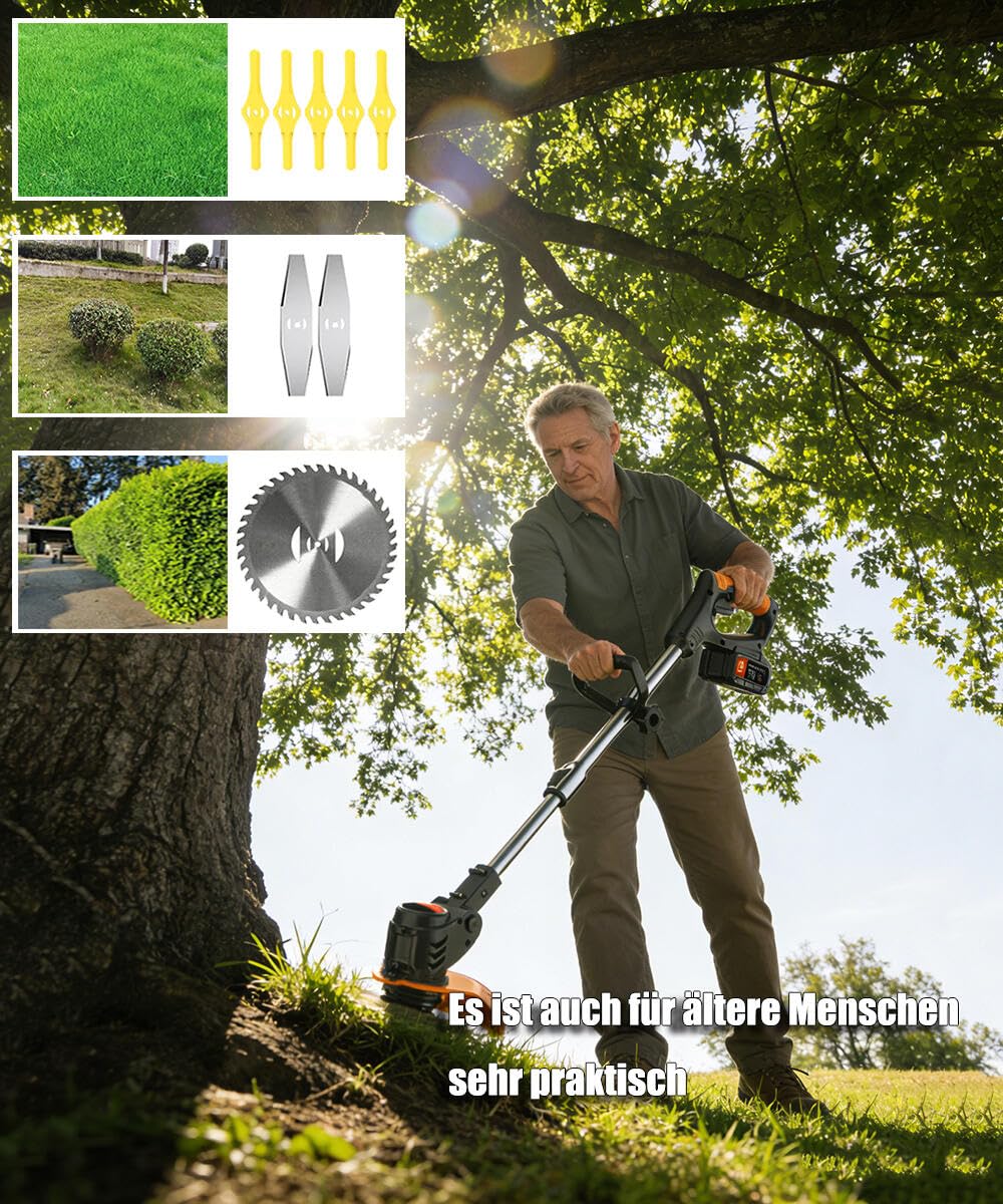 Rasentrimmer mit Akku 21V 2.0Ah mit 5.000 U/min und 550W Motor Motorsense mit 2 Akkus ist Ihr Perfekter Partner für die Garten und Rasenpflege