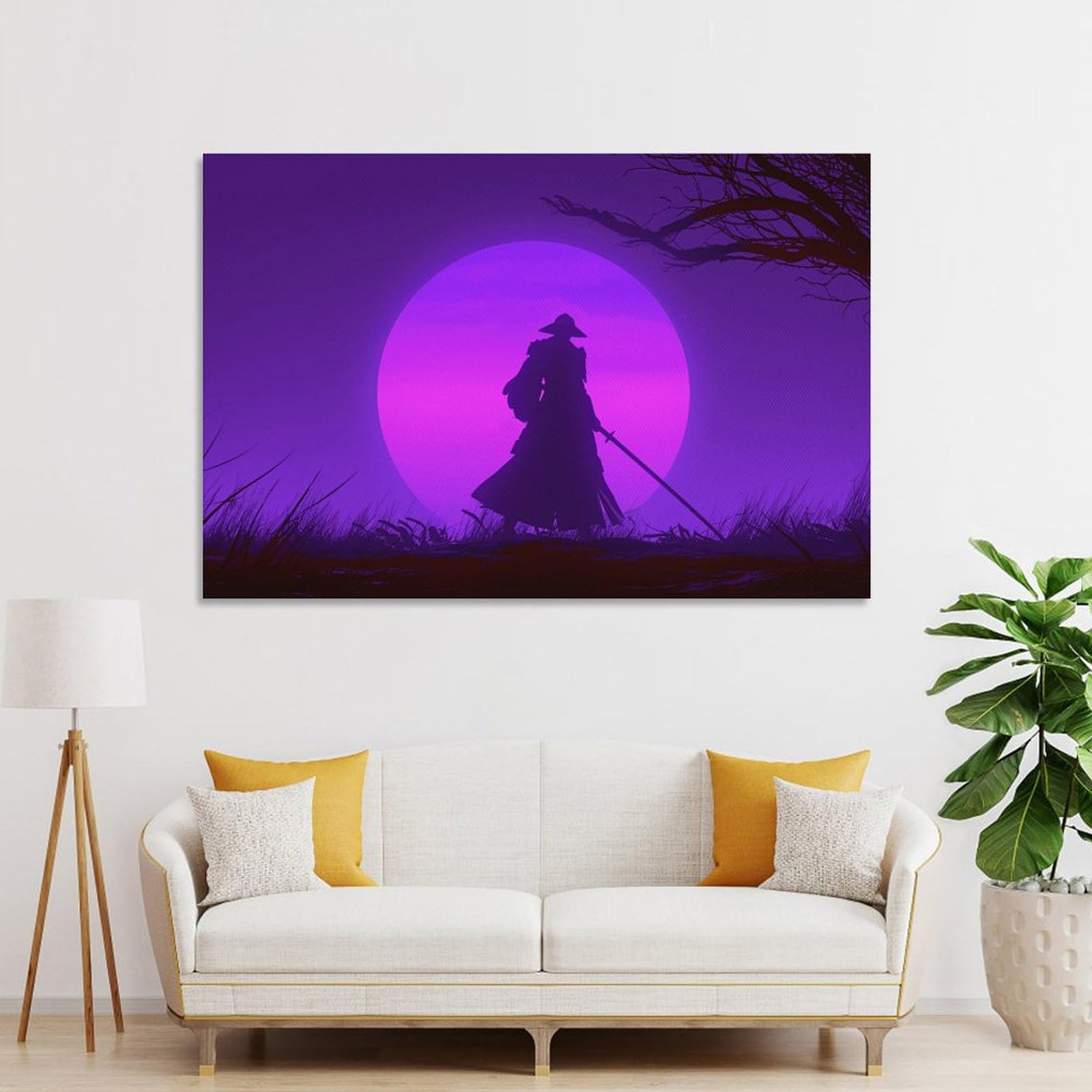 Purple Neon Cool Synthwave Minimalist Japanese Samurai Poster