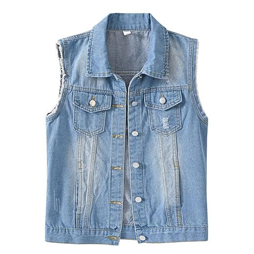 Ghemdilmn Chaqueta vaquera sin mangas con cuello desgastado para mujer, chaqueta vaquera de corte entallado, abrigo rasgado, azul, S