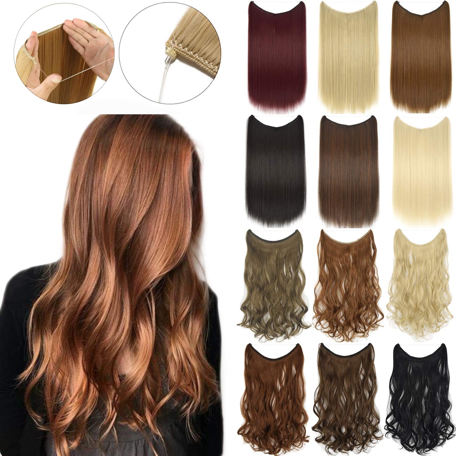 20''-Curly 56 Colors Fish Line Halo Hair Extensions Invisible Wire Line Hidden No Clips Synthetic Wavy Hairpieces 80G Per Piece (#22 Light honey blonde)