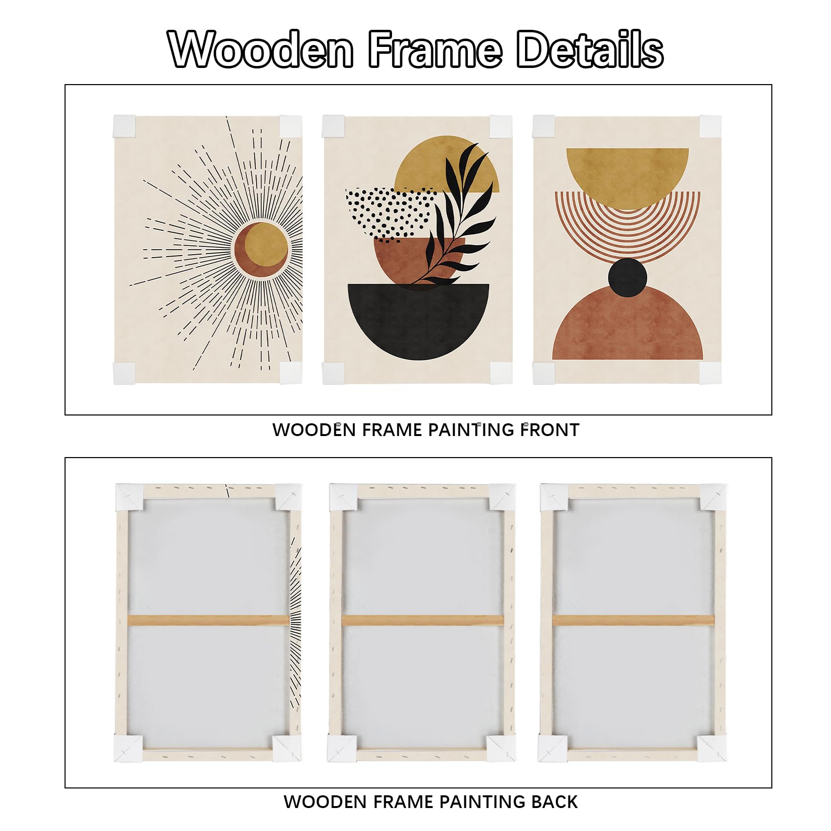 3Pcs Wooden Framed Boho Canvas Wall Art Beige Ginger Orange Abstract Leaves Sun Painting Canvas Prints Nordic Minimalist Picture for Living Room Bedroom Hallway Home Wall Decor 120x60cm(16"x24"x3pcs) — view 5