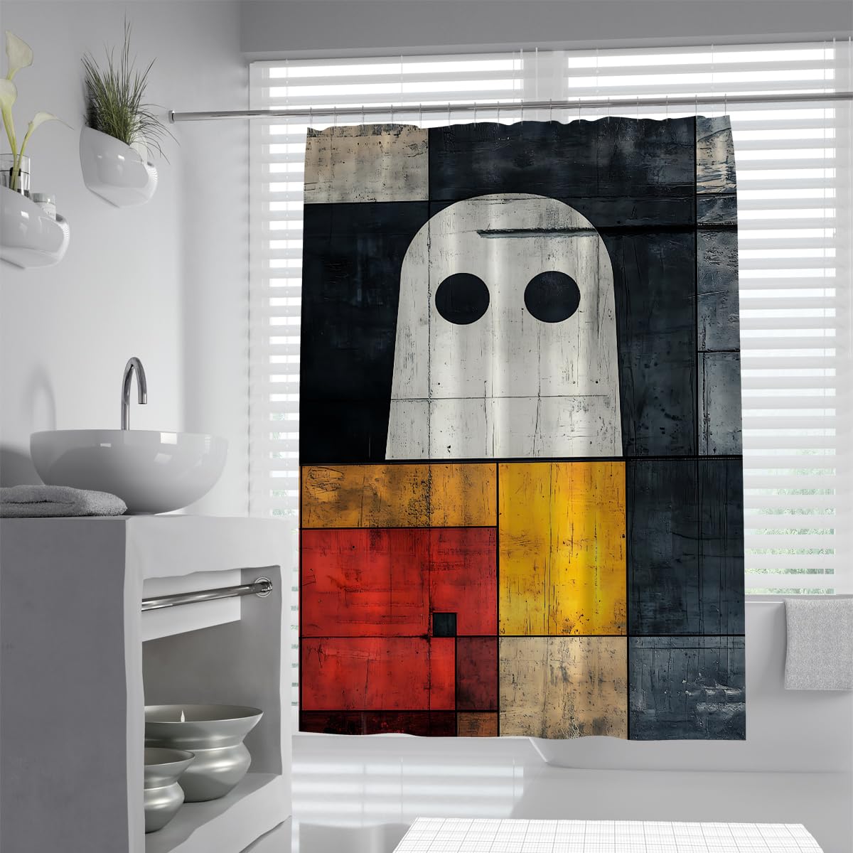 Halloween Shower Curtains Retro Geometric Ghost Print Shower Curtain Set with Hooks Cute Bathroom Decorations for Window Home Farmhouse Indoor Decor 90x180cm