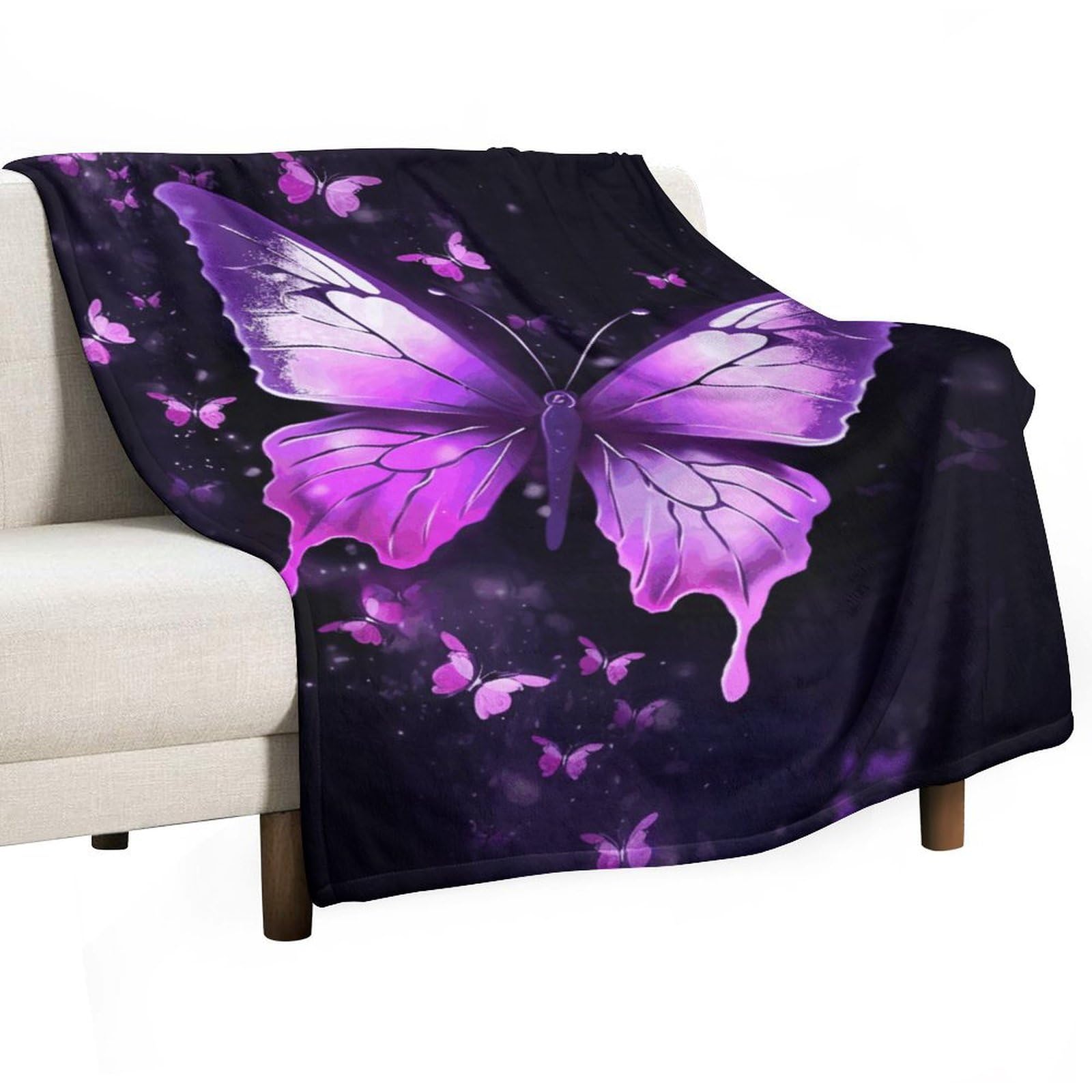 Couverture en flanelle violette imprimé papillon pour lit et canapé de 167 x 228 cm