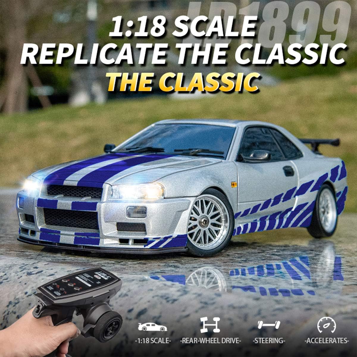 RC Drift Car z żyroskopem, skala 1/18, 2,4 G, 3-kanałowy, metalowy nadwozie, model samochodu z podnoszonymi reflektorami, świetny prezent dla nastolatków i dorosłych (wersja gyro RTR/srebrny)