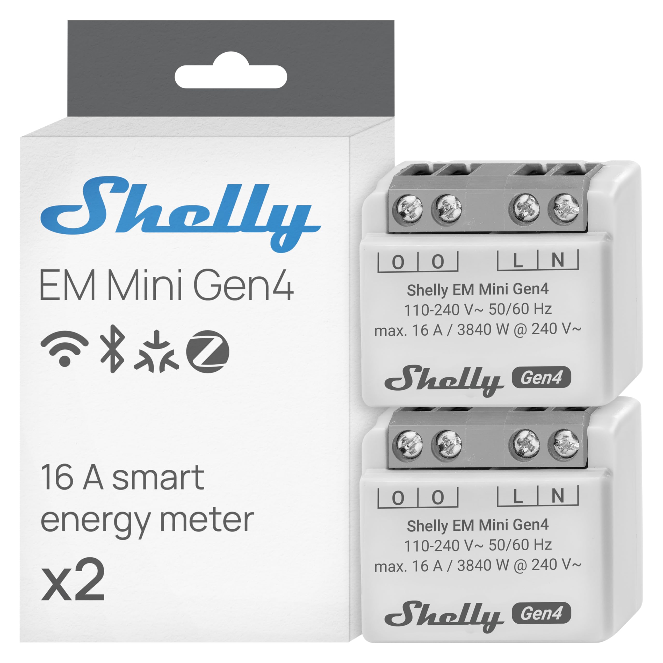 Shelly EM Mini Gen4 - Misuratore di Potenza Intelligente WiFi, 1 Canale, 16A, Domotica, Nessun Interruttore a Relè, Monitora il Consumo di Energia, Matter, Zigbee, Alexa & Google (2 Pezzi)