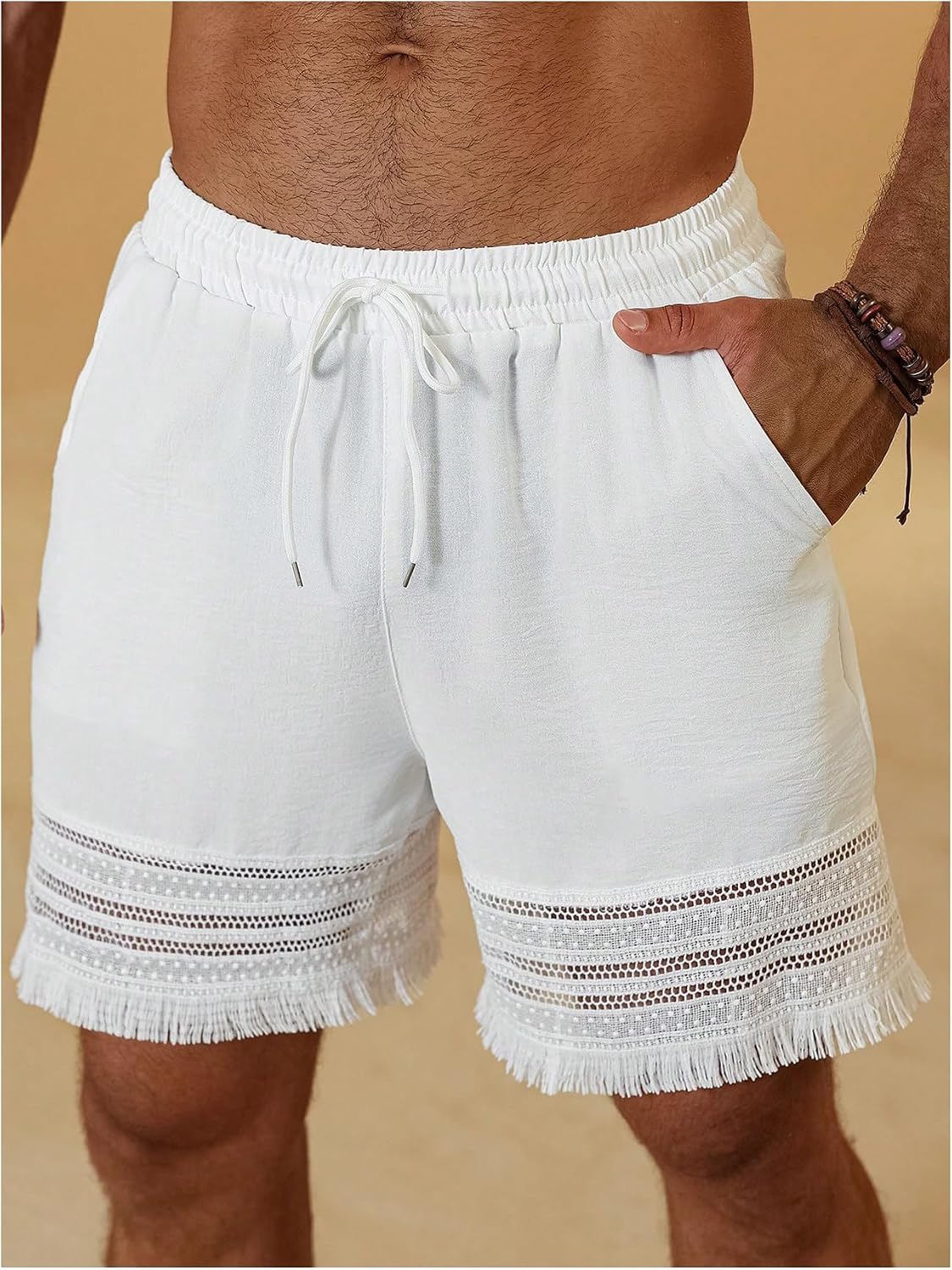 SOLY HUX Men's Fringe Shorts Drawstring Elastic Waist Casual Summer Vacation Shorts with Pockets