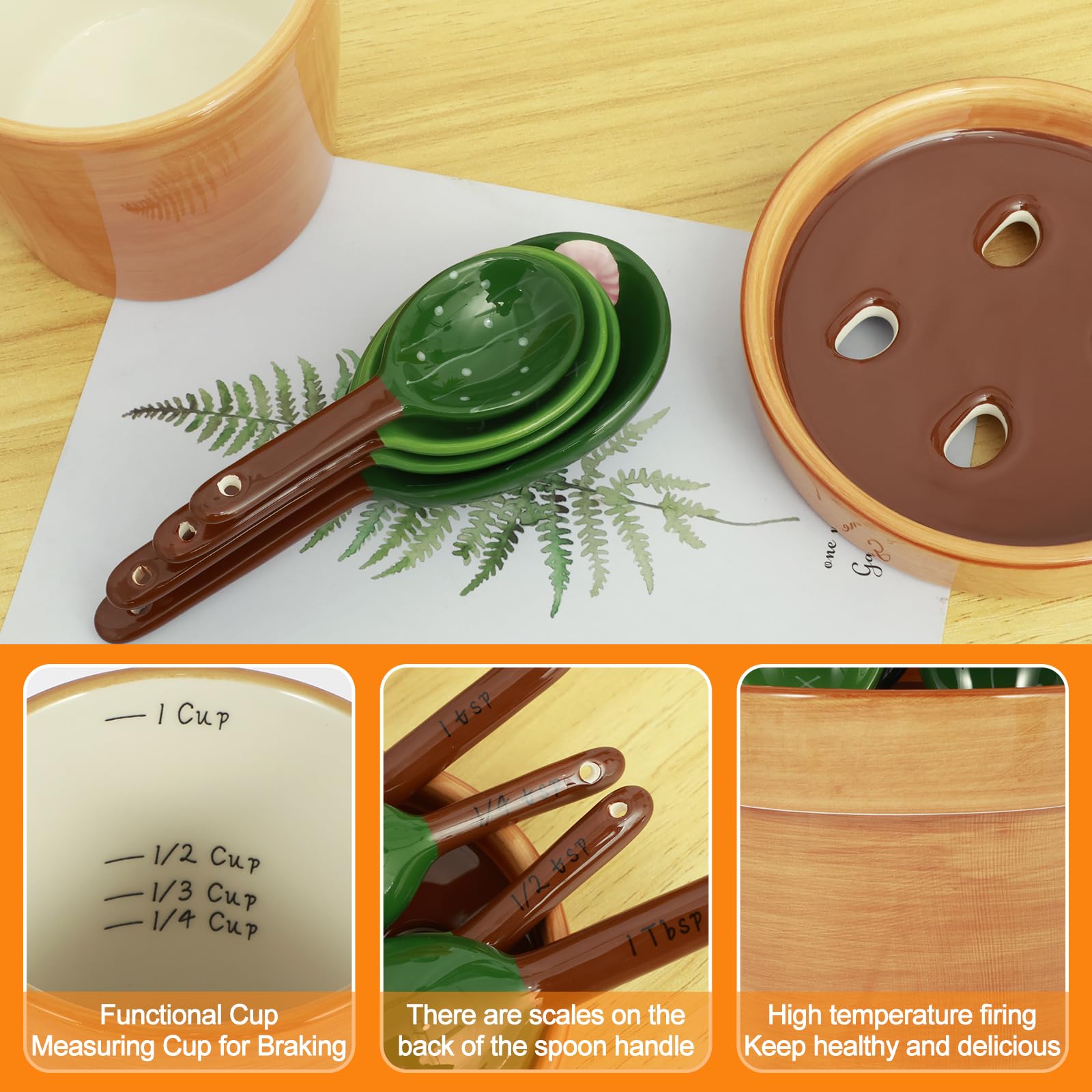 Set di 5 cucchiai dosatori in ceramica, set di misurini per cactus, in ceramica, con misurini e cucchiai, per cucina, a secco, a umido, per alimenti, sale e zucchero (B)