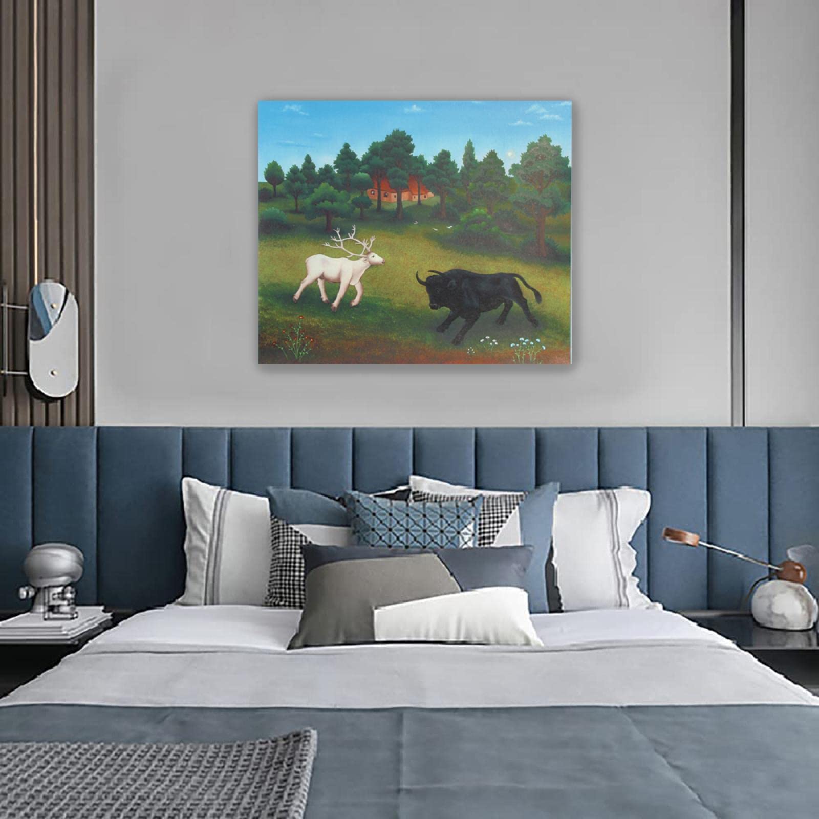 Ivan Generalic Reproducciones de pinturas en lienzo Carteles e impresiones listo para colgar famosos Cuadro de arte de pared (Ciervo Blanco y Toro) 50x60cm(20x24in)Enmarcado