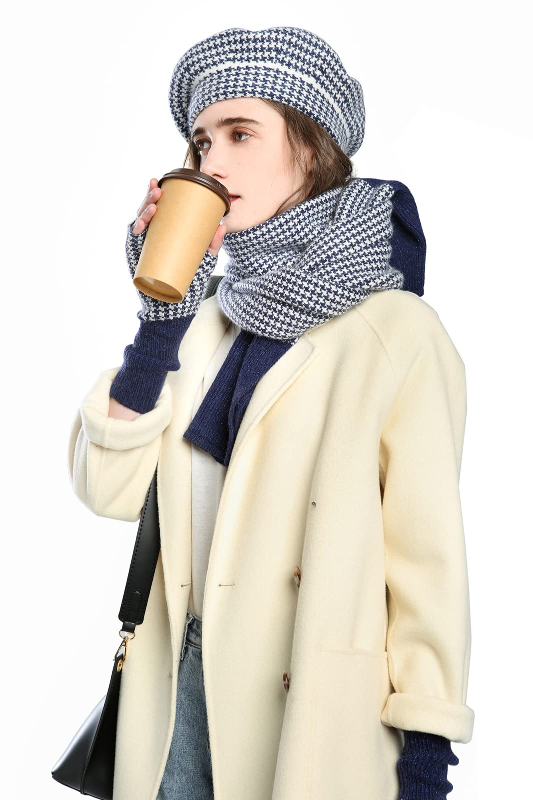 Dajingkj Baskenmütze für Damen, 3-teiliges Hut, Schal, Handschuhe, Set, Mädchen, Mode, fingerlose Handschuhe, Baumwolle, Winter-Geschenk-Set, marineblau, One size