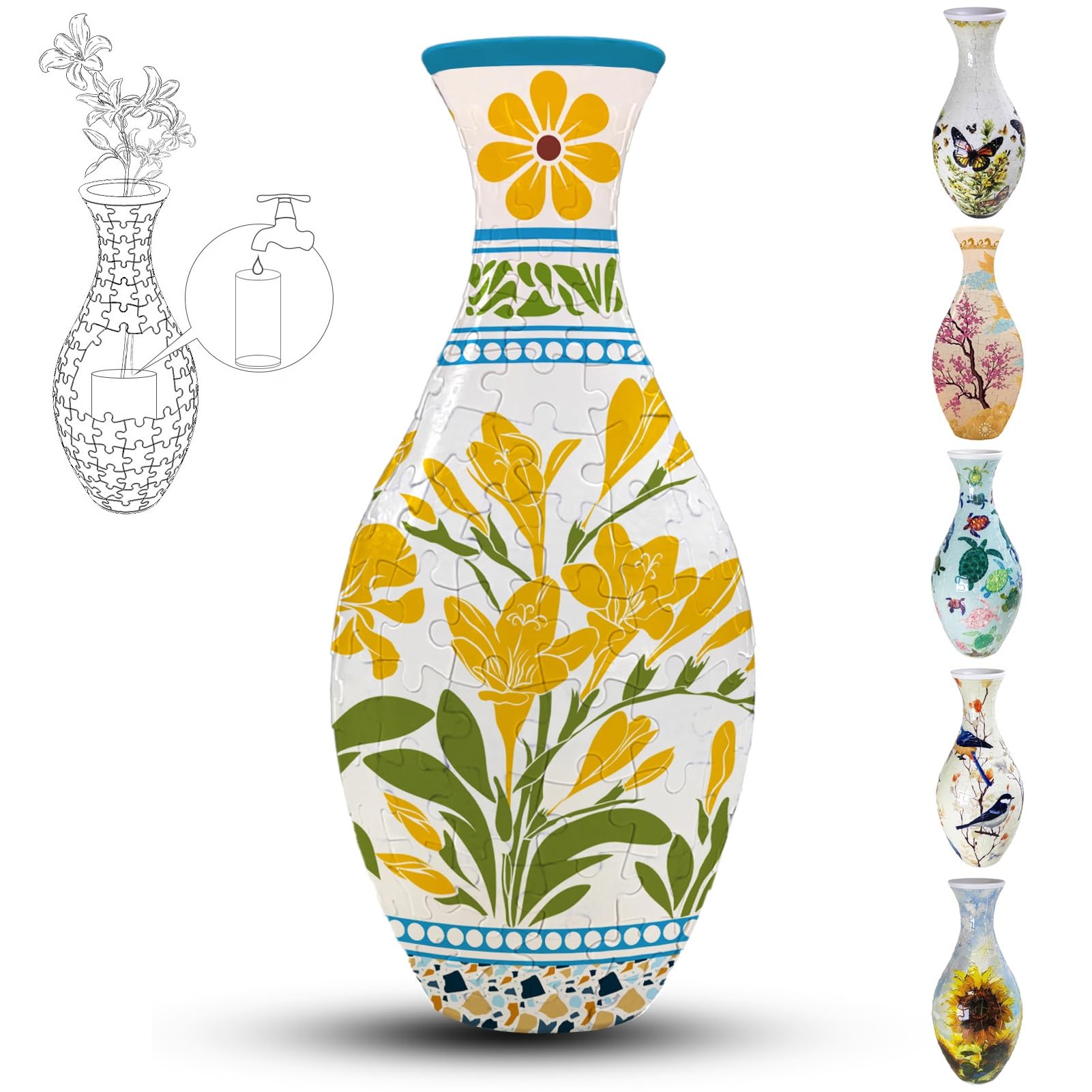 Adults 3D Jigsaw Vase, 160 Pieces, DIY Jigsaw Puzzle, 3D curved puzzle with water column, perfect for displaying real or artificial flowers and flower arrangements.(Summer)
