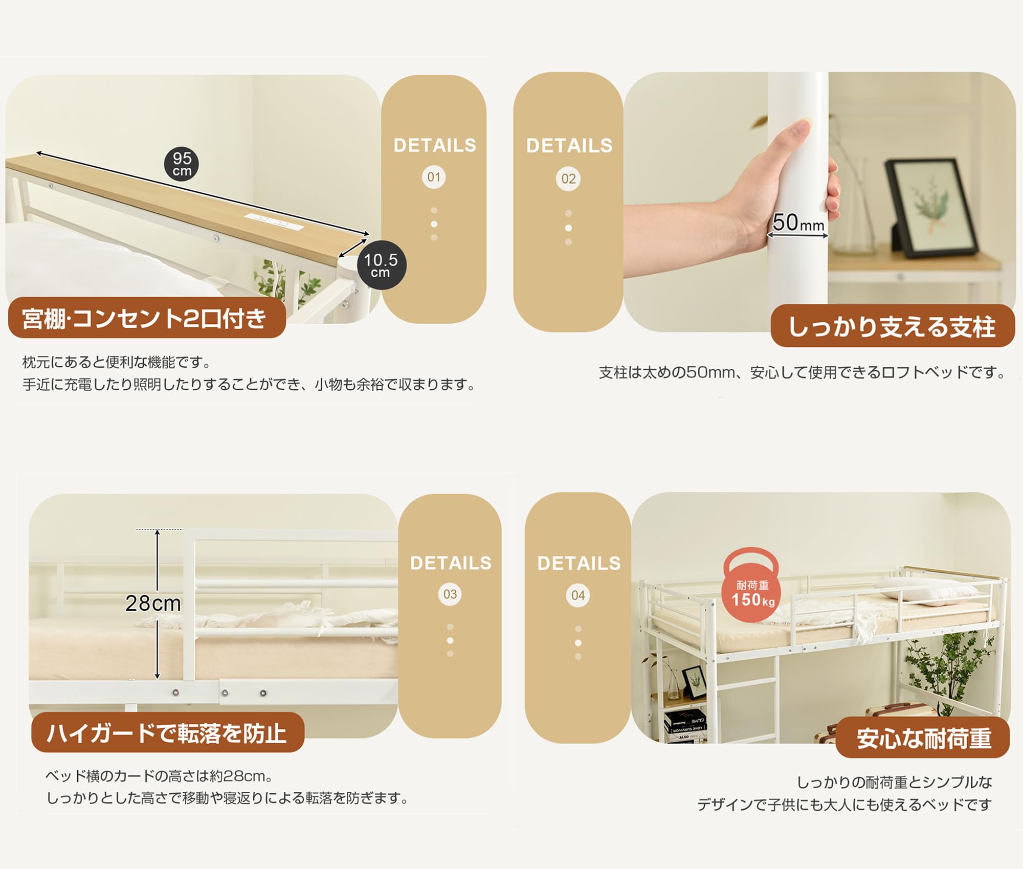 Amazon｜ロフトベッド デスク付き シングル ホワイト 高さ170cm 