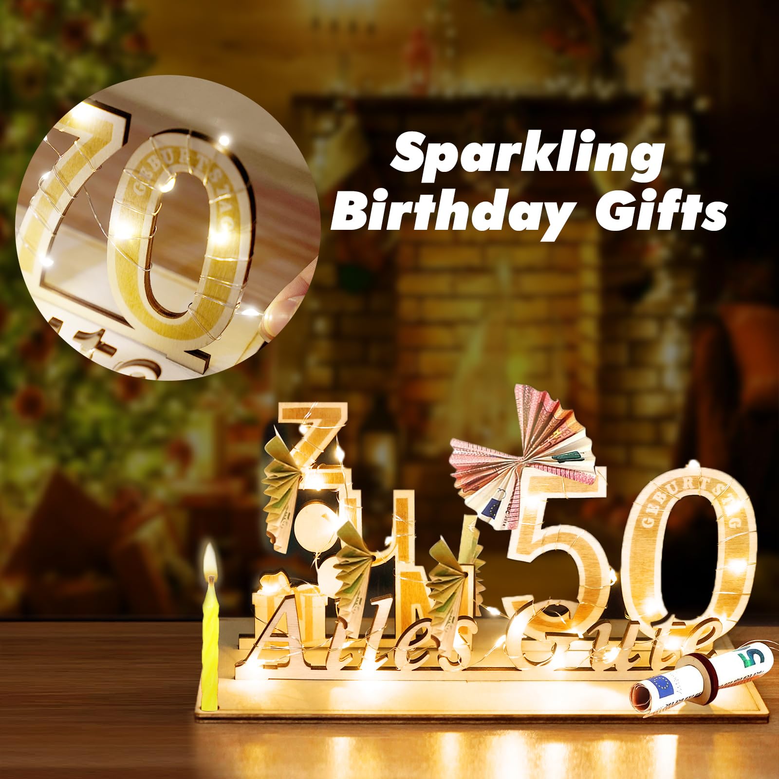 YSWOVUO Regalo di 50° Compleanno Uomo Donna, Libro Degli Ospiti in Legno per Uomo e Donna, Regali d'Argento in Legno con Catena Luminosa LED, Alles Gute