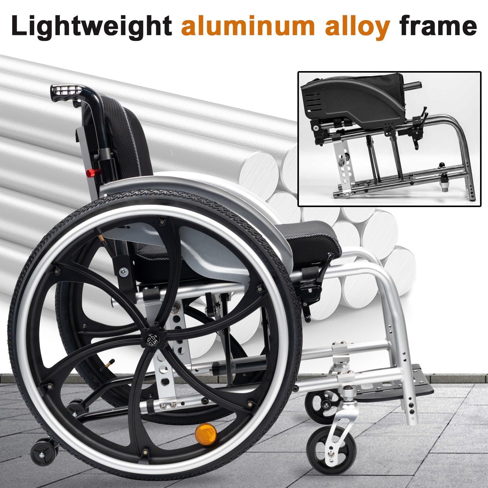 Lekki wózek inwalidzki ze zdejmowanymi podnóżkami, poduszka na siedzenie, antypoślizgowe koła, stop aluminium i składany (szerokość siedziska: 40 cm)