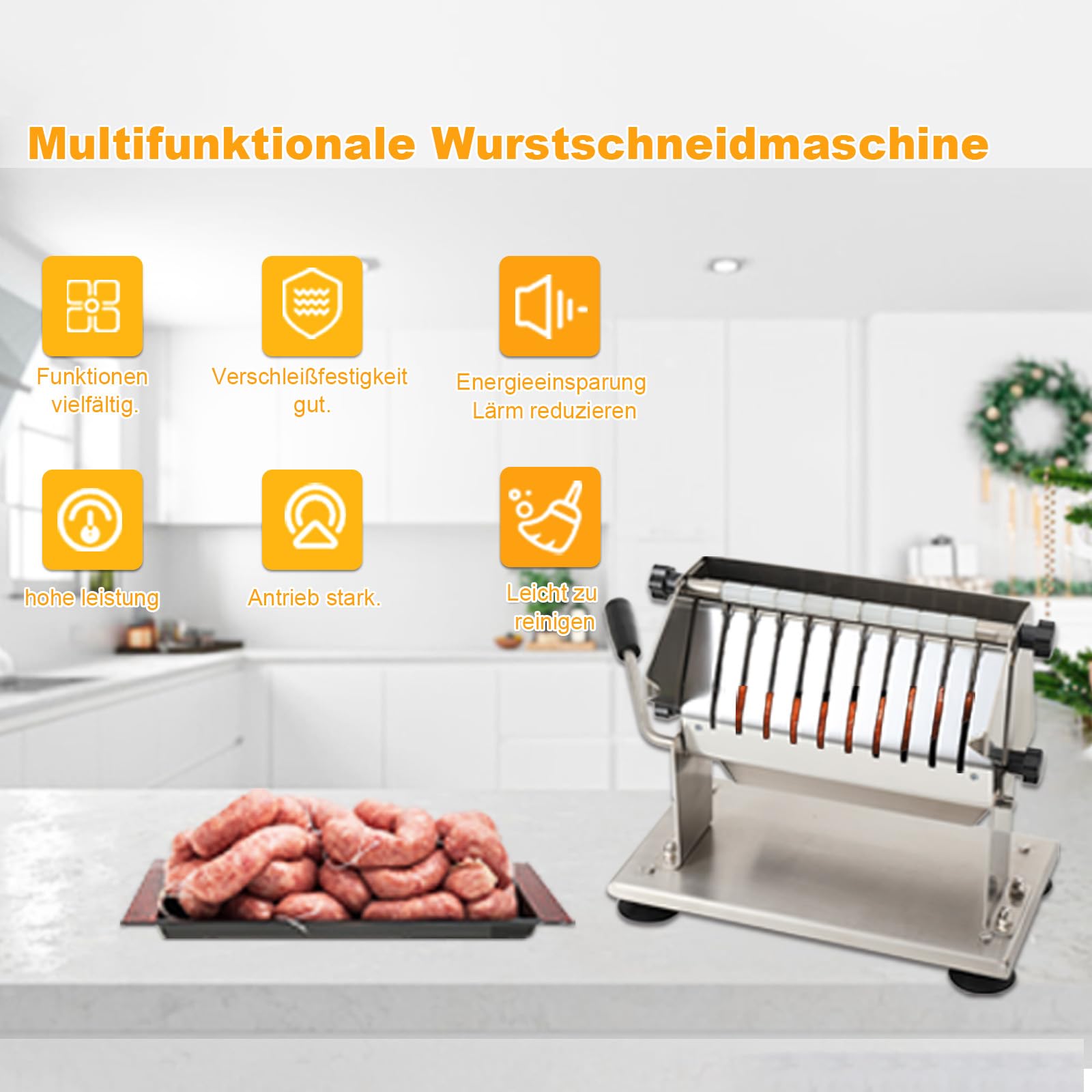 Edelstahl Currywurstschneider für 18 mm Scheiben,10 extra scharfe Messer mit Wellenschliff, Bratwurstschneider manuell für Imbiss, Gastro,Hand Curry Wurst Schneider, Wurstschneider