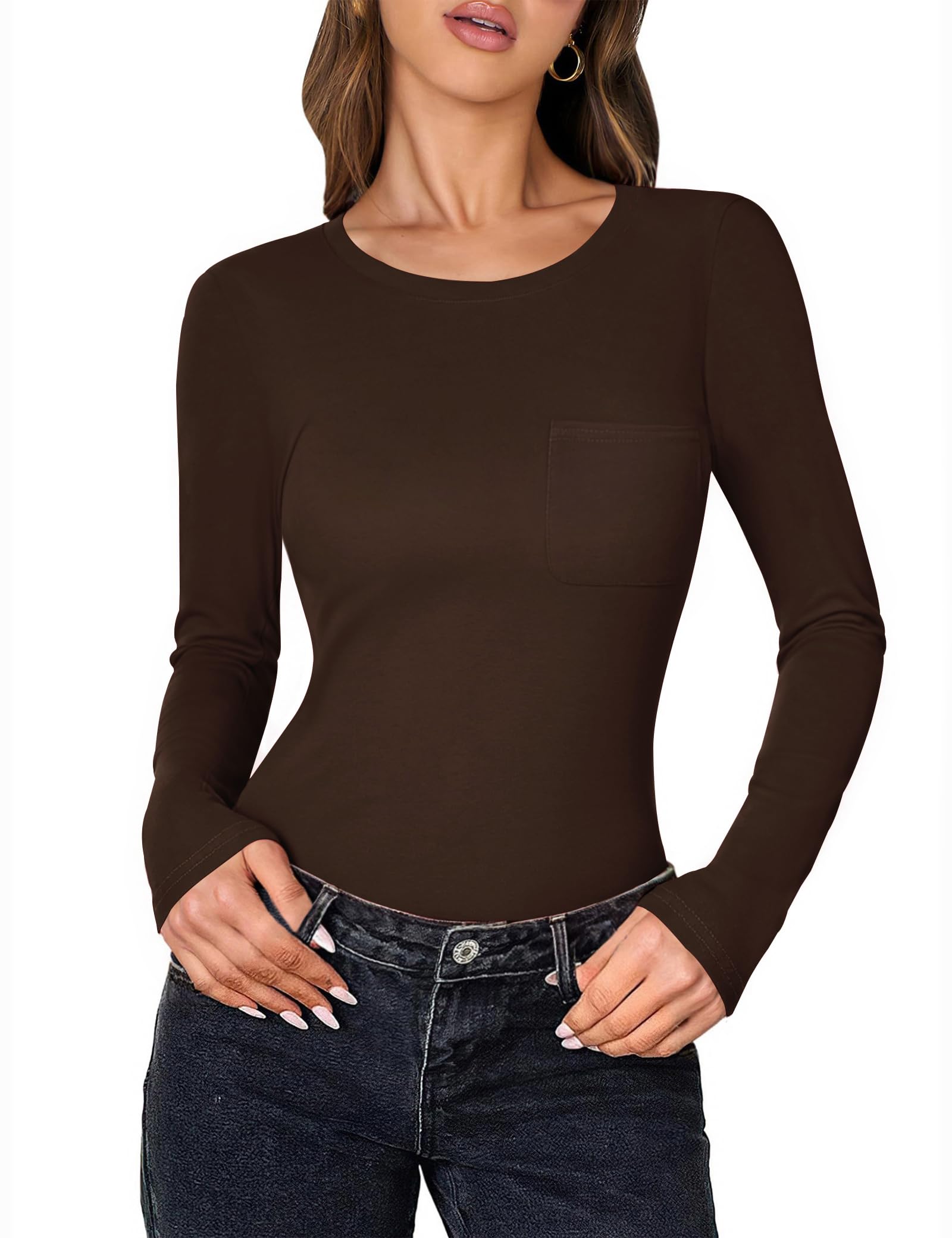 Aottori Langarmshirt Damen Rundhals mit Tasche Oberteile Elegant Slim Fit Shirt Langarm Weich Stretch Unterziehshirt Herbst Einfarbig Basic Tops für Alltag Büro Freizeit