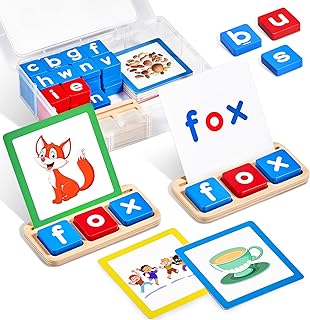 JoyCat Wooden Short Vowel Reading Letters Sorting Spelling Games with Storage Box, Sight Words Learning Flashcards Alphabet Puzzle Montessori Educational Toy Gift for Kids 3 4 5 Years Old