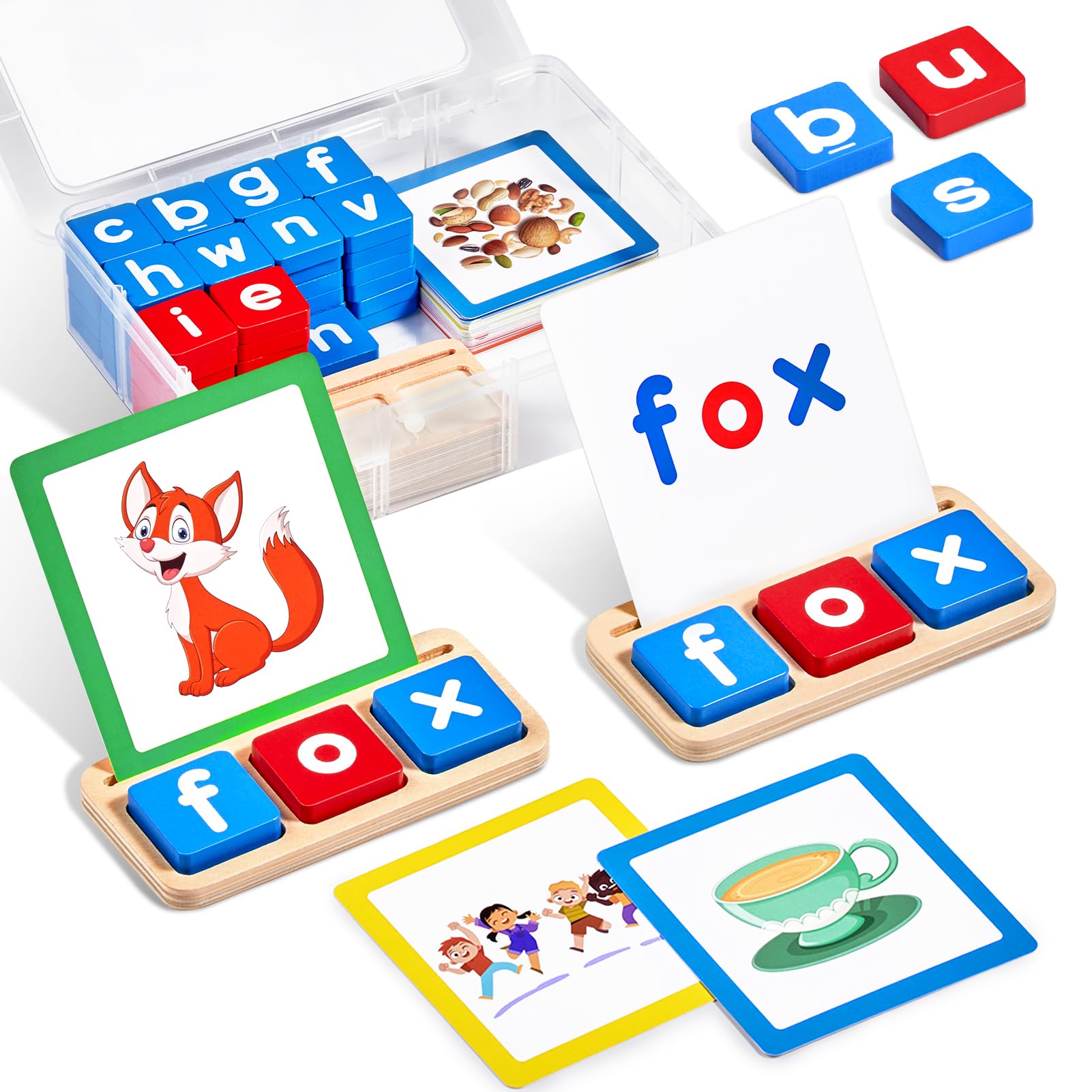 Wooden Short Vowel Reading Letters Sorting Spelling Games with Storage Box, CVC Sight Words Learning Flashcards Alphabet Puzzle Montessori Educational Toy Gift for Kids 3 4 5 Years Old
