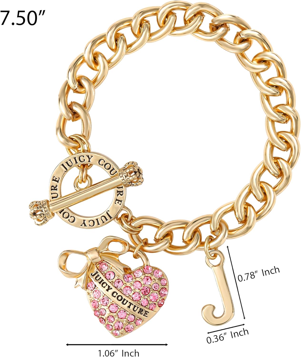Juicy Couture Pink Stone Heart Bracelet for Women, 7.5" Gold-Tone Toggle Bracelet with Logo Charms, Valentines Gifts for Her - Image 5