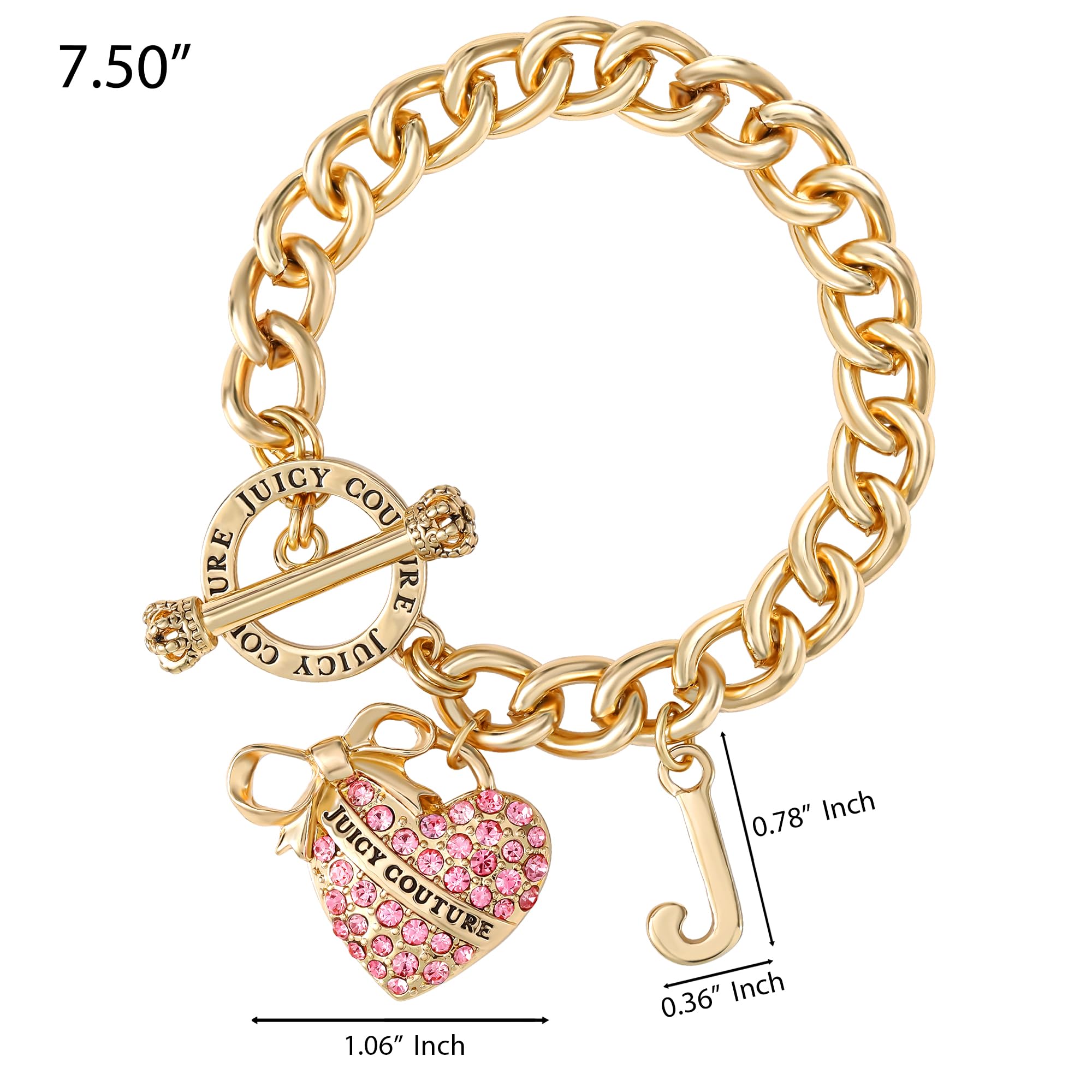 Juicy Couture Pink Stone Heart Bracelet for Women, 7.5" Gold-Tone Toggle Bracelet with Logo Charms