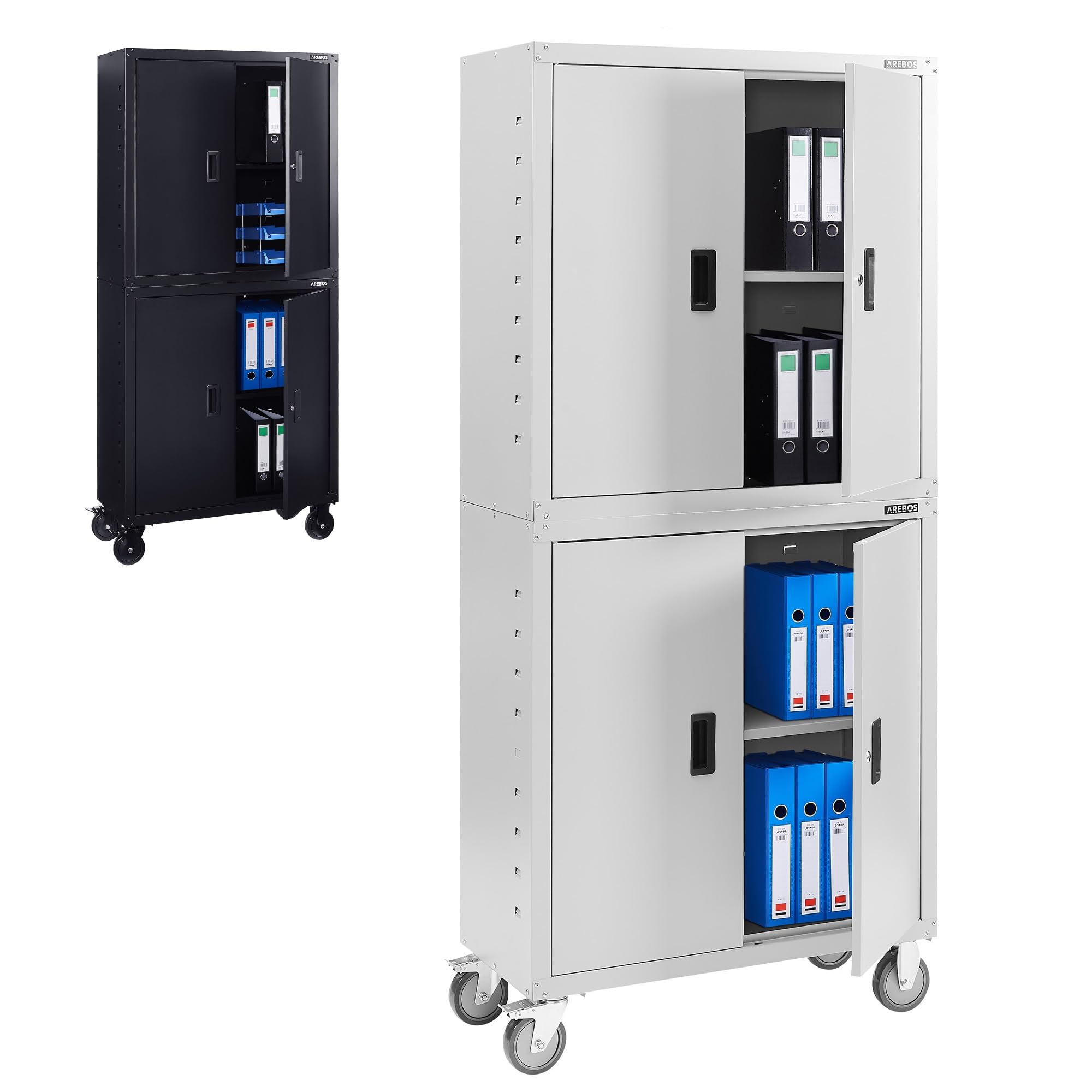 Arebos Aktenschrank Büroschrank | Grau | 195 x 40 x 90 cm | 2er Set | 4 Türen | mit Räder | Höhenverstellbare Einlegeböden | mit Zylinderschloss