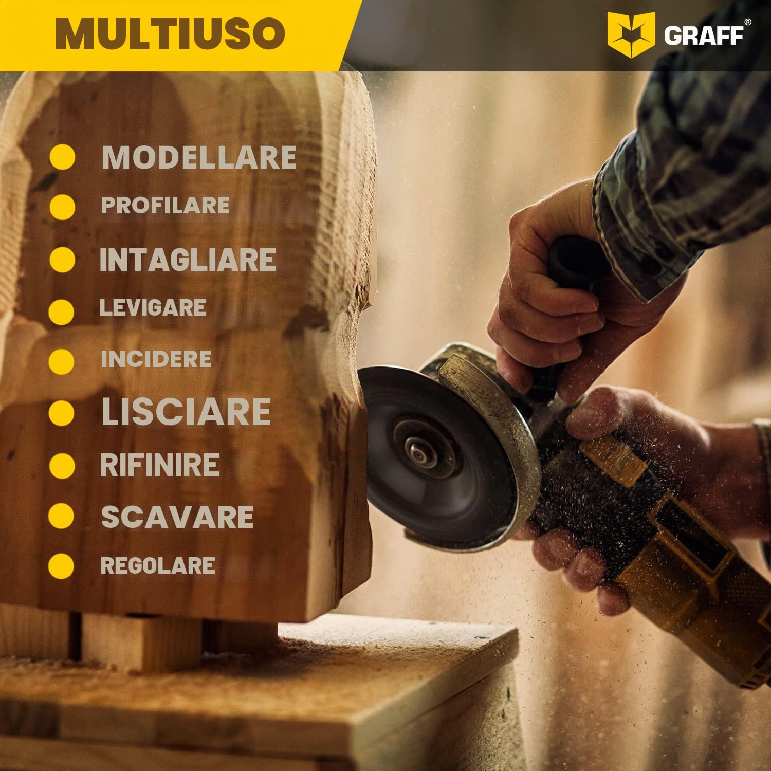 Intaglio Legno Mola Disco 115mm x 22.23mm – Disco Raspa per Intagliare e Levigatura Legno Conifere, Duro – Disco Abrasivo Lucidatura Modellatura – Mola per Smerigliatrice Angolare GRAFF