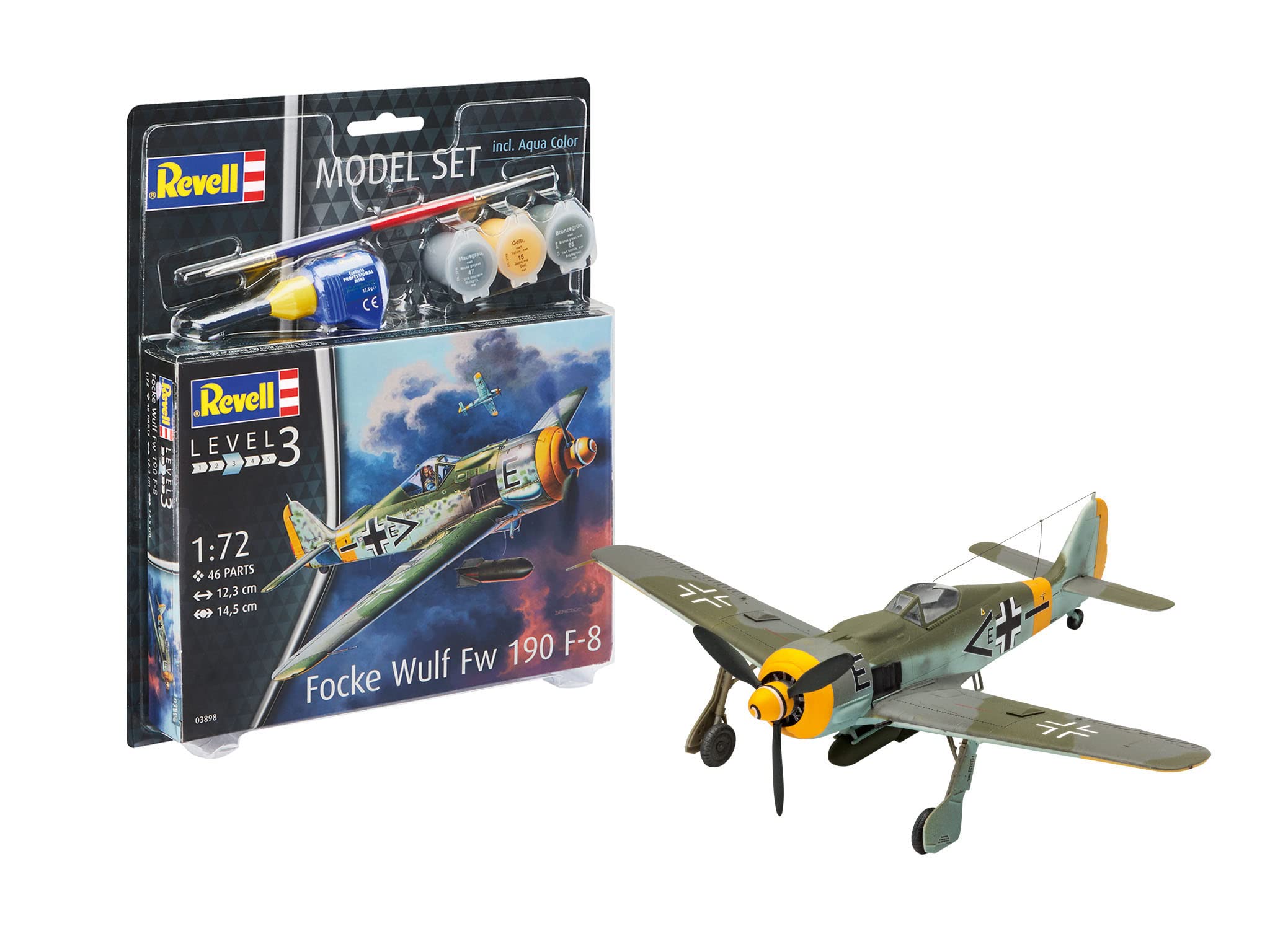 Revell Model Set 63898 Focke Wulf Fw190 F-8 1:72 Scale Unbuilt/Unpainted Plastic Model Kit with Contacta Professional Glue, Paintbrush & Selected Aqua Color Paints