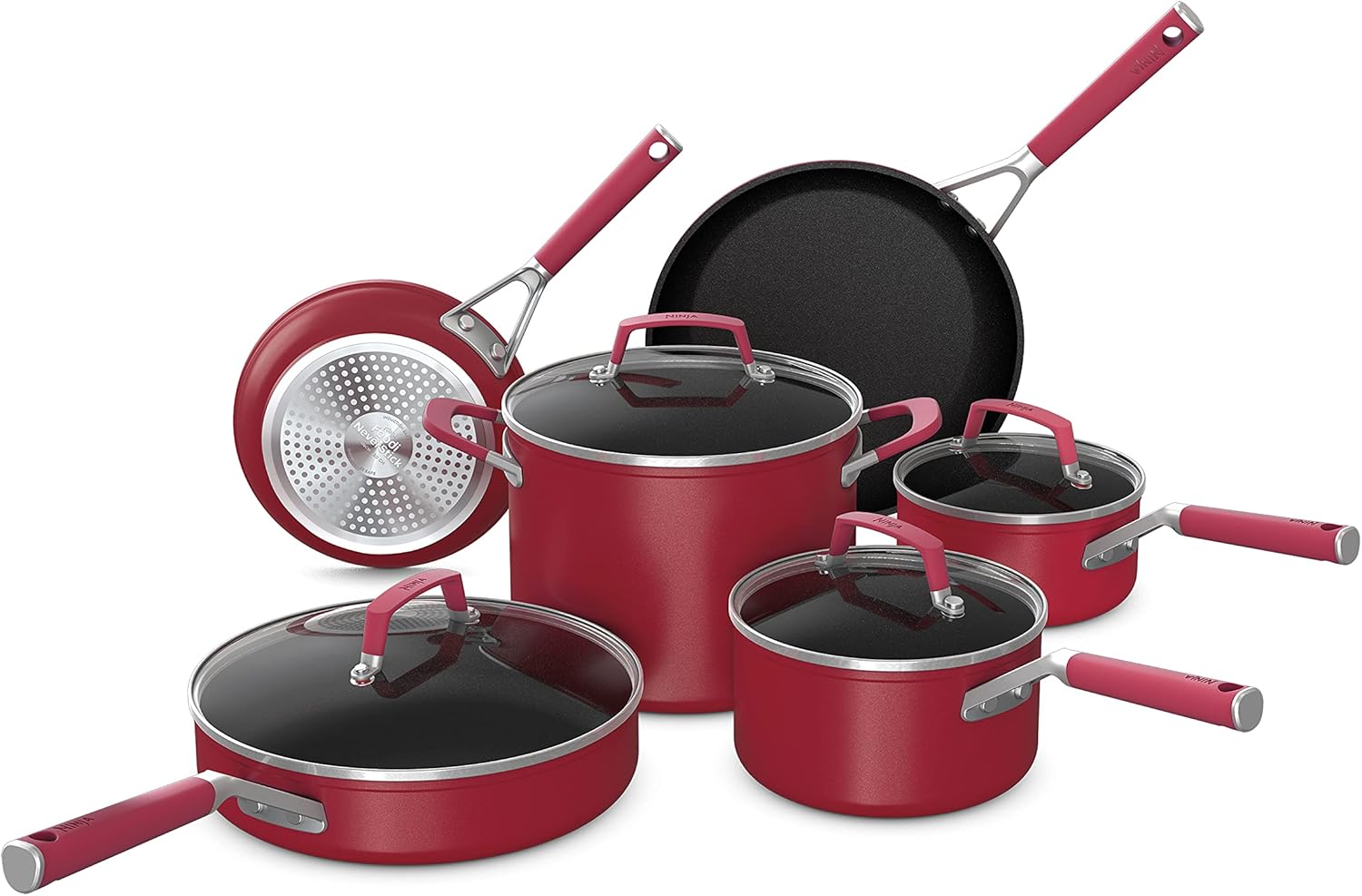 Ninja C29500 Foodi NeverStick Vivid 10-Piece Cookware Set with Lids, Nonstick, Durable & Oven Safe to 400°F, Cool-Touch Handles, Crimson Red