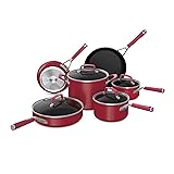 Ninja C29500 Foodi NeverStick Vivid 10-Piece Cookware Set with Lids, Nonstick, Durable & Oven Safe to 400°F, Cool-Touch Handles, Crimson Red Crimson Red 10 Piece Cookware Set Vivid Coowkare Set