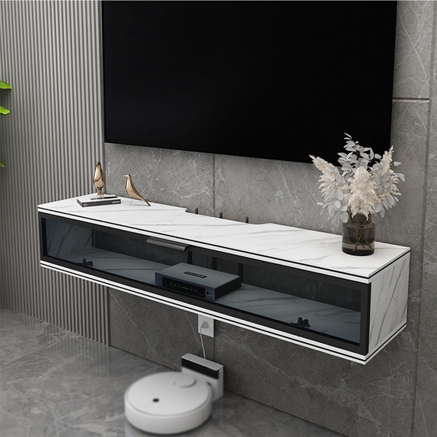 Wall-Mounted Floating TV Stand - White Wood Media Console with Rock Board Pattern, Modern Hanging Cabinet for Living Room & Bedroom, Stylish Floating Entertainment Center (80x