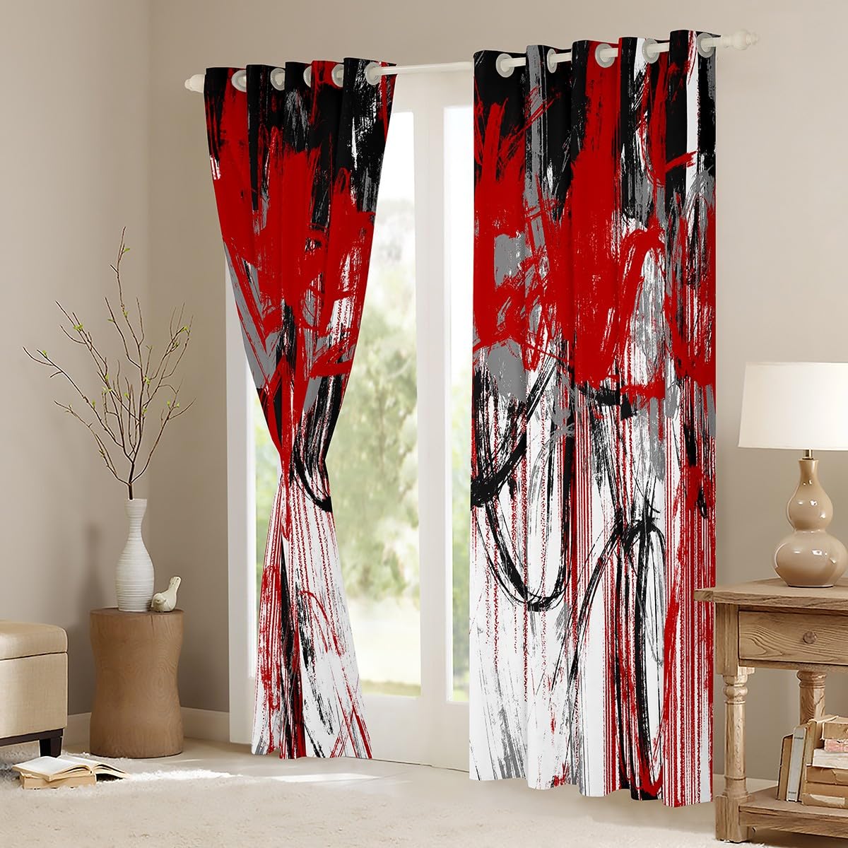 Homemissing Abstract Curtains for Bedroom Living Room Red Grey Black Geometric Blackout Curtains (2 Panels,W66*L90) Modern Art 30%-50% Darkening Blackout Curtain Stripes Window Treatments - Image 3