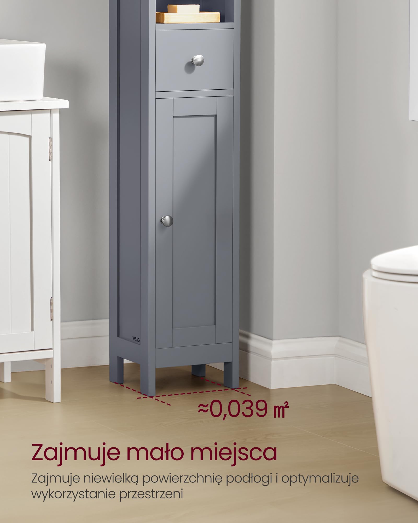 VASAGLE Szafka łazienkowa, wysoka, wąska, z regulowanymi półkami, szufladą i otwartymi przegródkami, do małych przestrzeni, nowoczesna, gołębia szarość BBC765G02