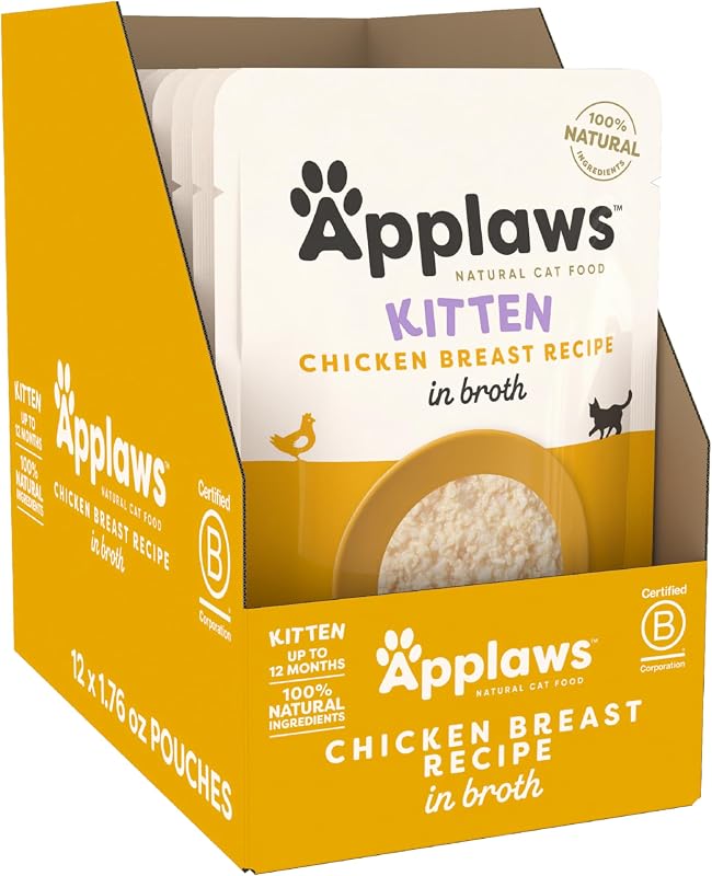 Ração úmida para gatos filhotes Applaws com peito de frango em caldo, Pacote com 12 sachês de 50 g