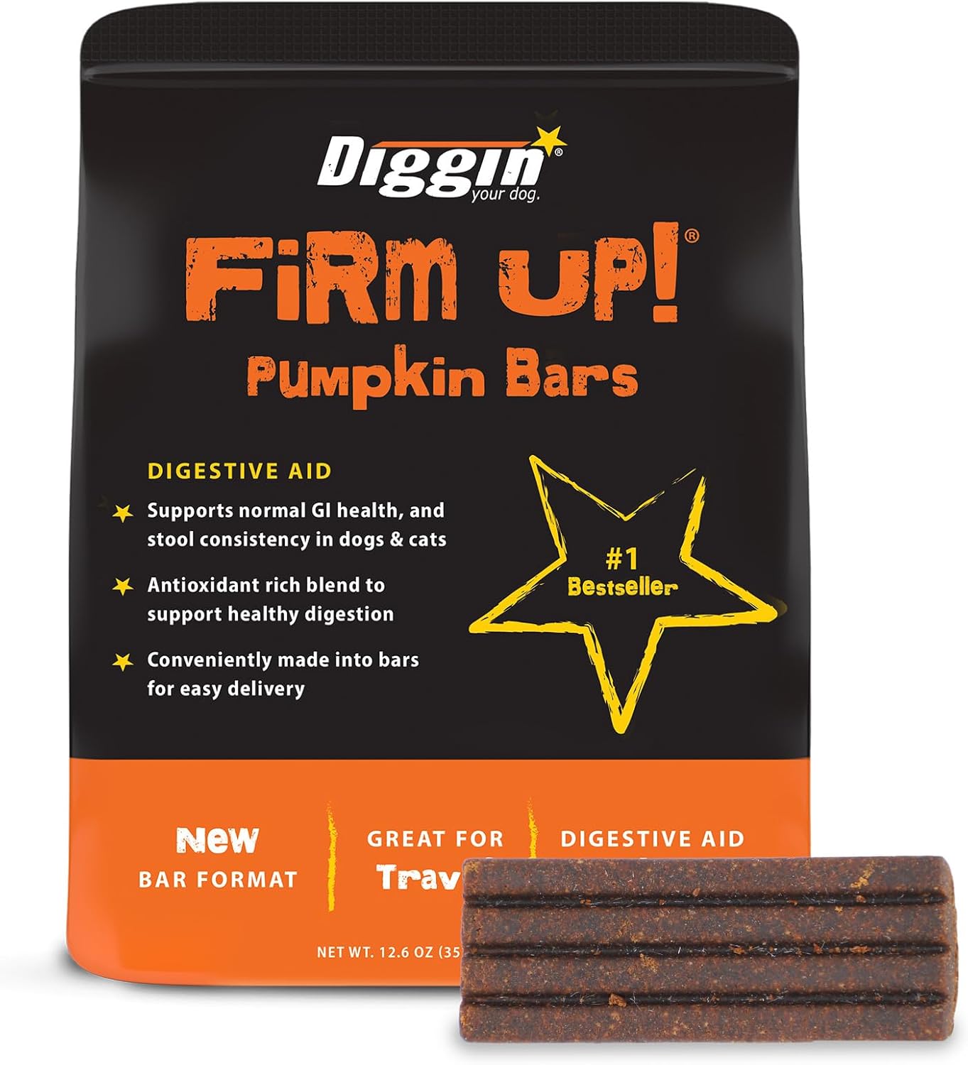 Diggin' Your Dog Firm Up Bars for Dogs & Cats, 100% Made in USA, Pumpkin Powder Bars for Dogs, Digestive Support, Apple Pectin, Fiber, Healthy Stool, 6 Count