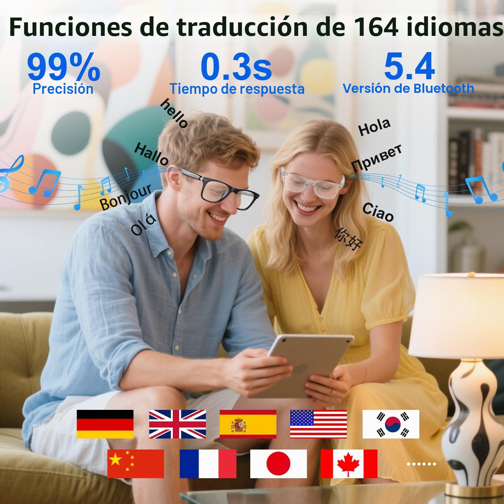Gafas inteligentes con IA para hombres y mujeres con ChatGPT, gafas Bluetooth con traducción de 165 idiomas, lente que cambia de color, análisis de reuniones, reproducción de música, llamadas manos