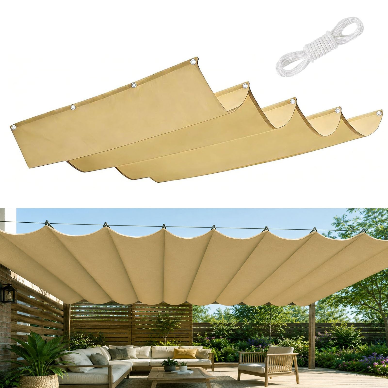 Voile d'ombrage rétractable rectangulaire 150x1200 cm imperméable anti-UV jaune sable