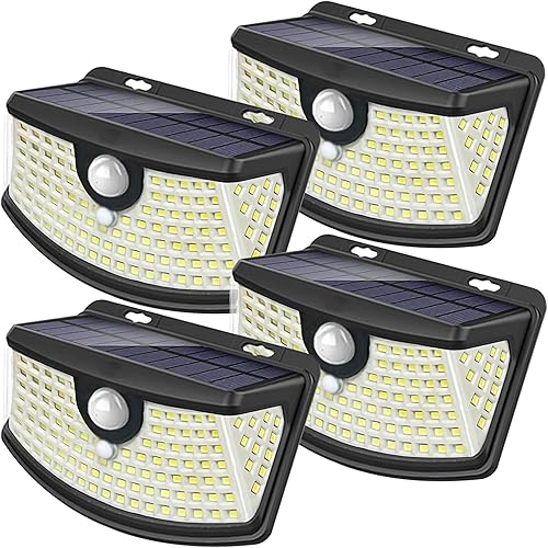 Aootek New Solar Motion Sensor Lights 120 LEDs with Lights Reflector,270° Wide Angle, IP65 Waterproof, Step Lights for Front Door, Yard, Garage, Deck (Black, Daylight White, 4-Pack)
