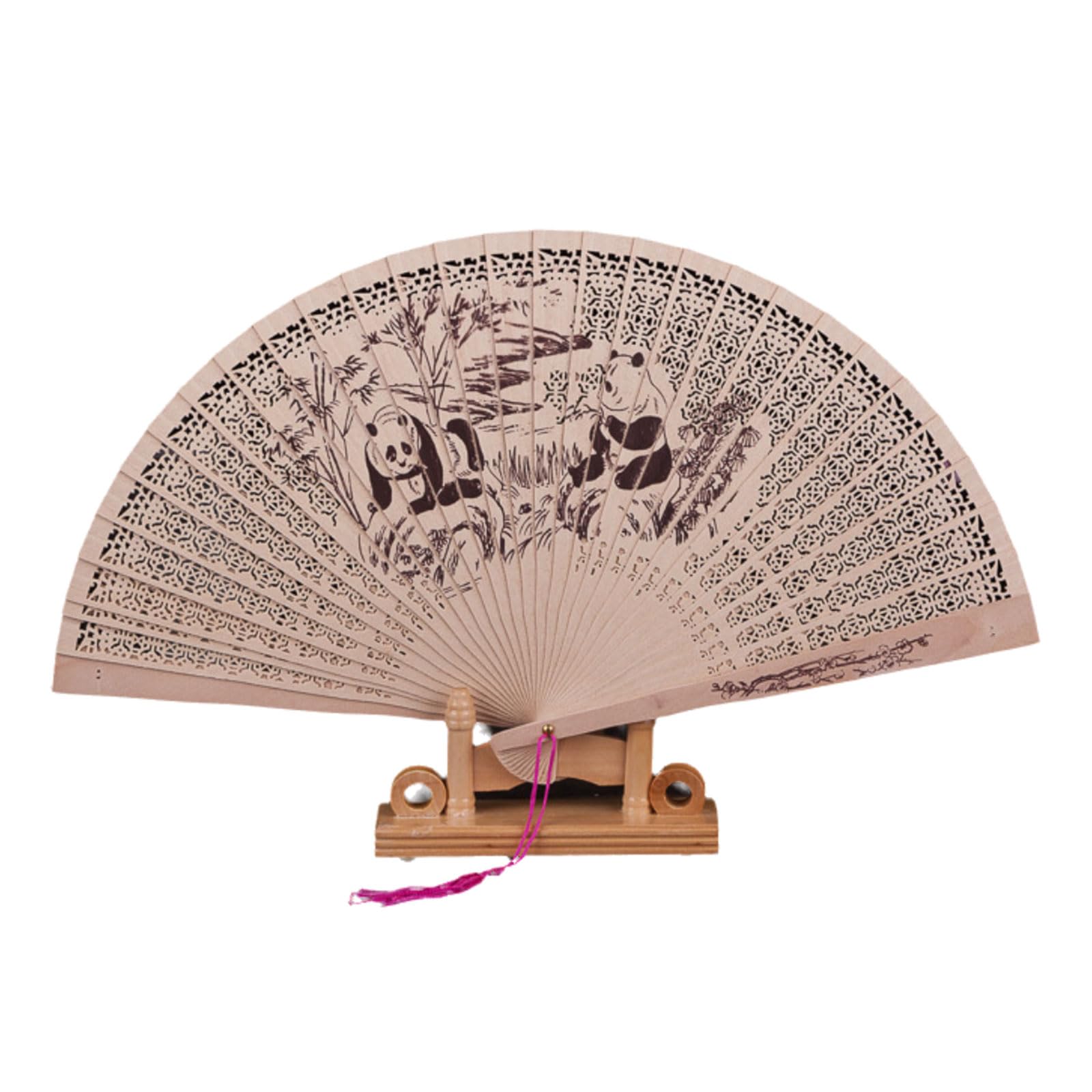 Kalttoy Panda Exquisites Chinese Culture Handheld Fan Decorative Wood Handheld Folding Fan With Detailed Carving For Gift And Decors Hollow Carves