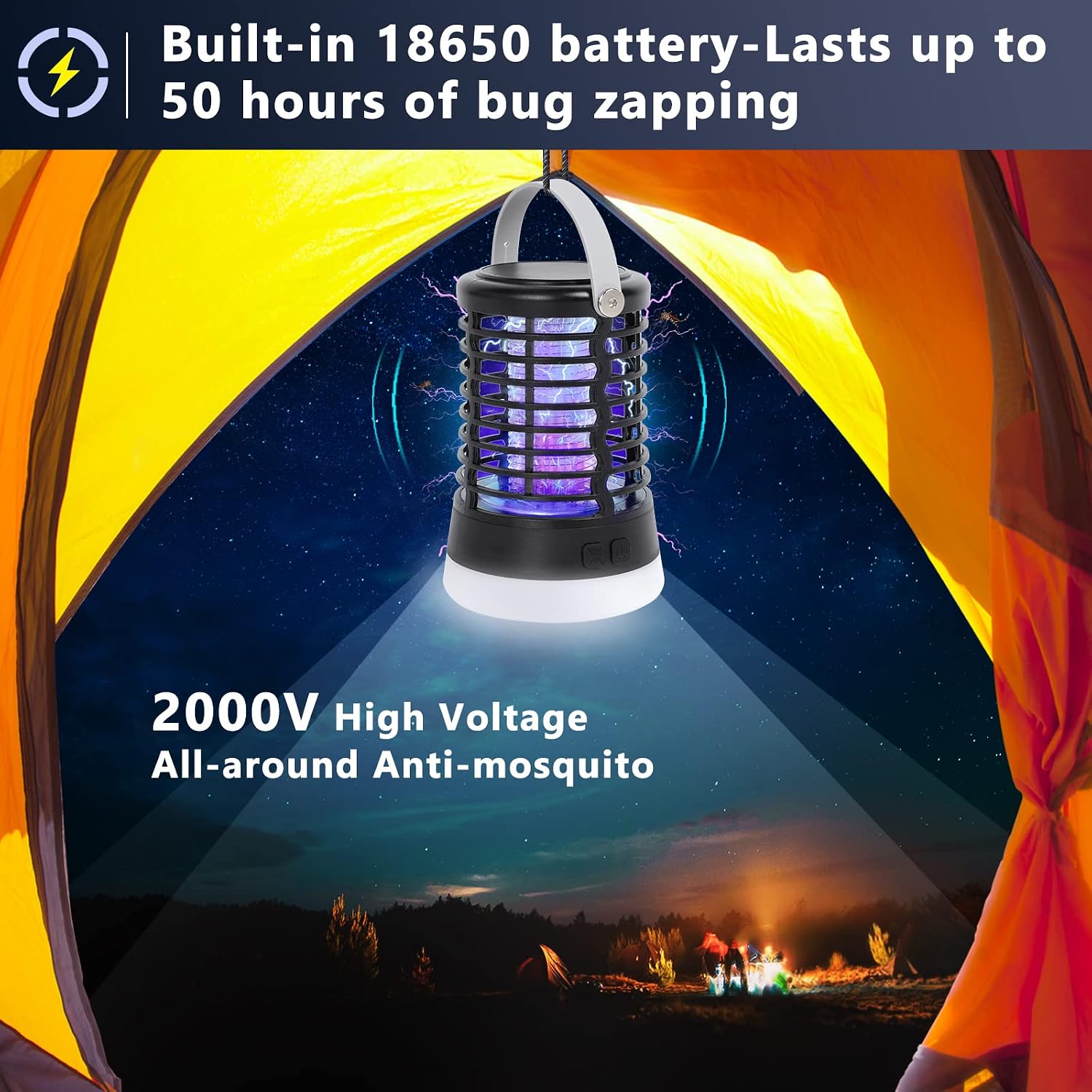 Rechargeable Camping Bug Zapper Outdoor & 3 LED Camping Lanterns & Flashlight 3-in-1, Amufer IP66 Waterproof Portable Tent Light with 50H Batteries for Outdoor Fly Trap, with SOS Emergency Light