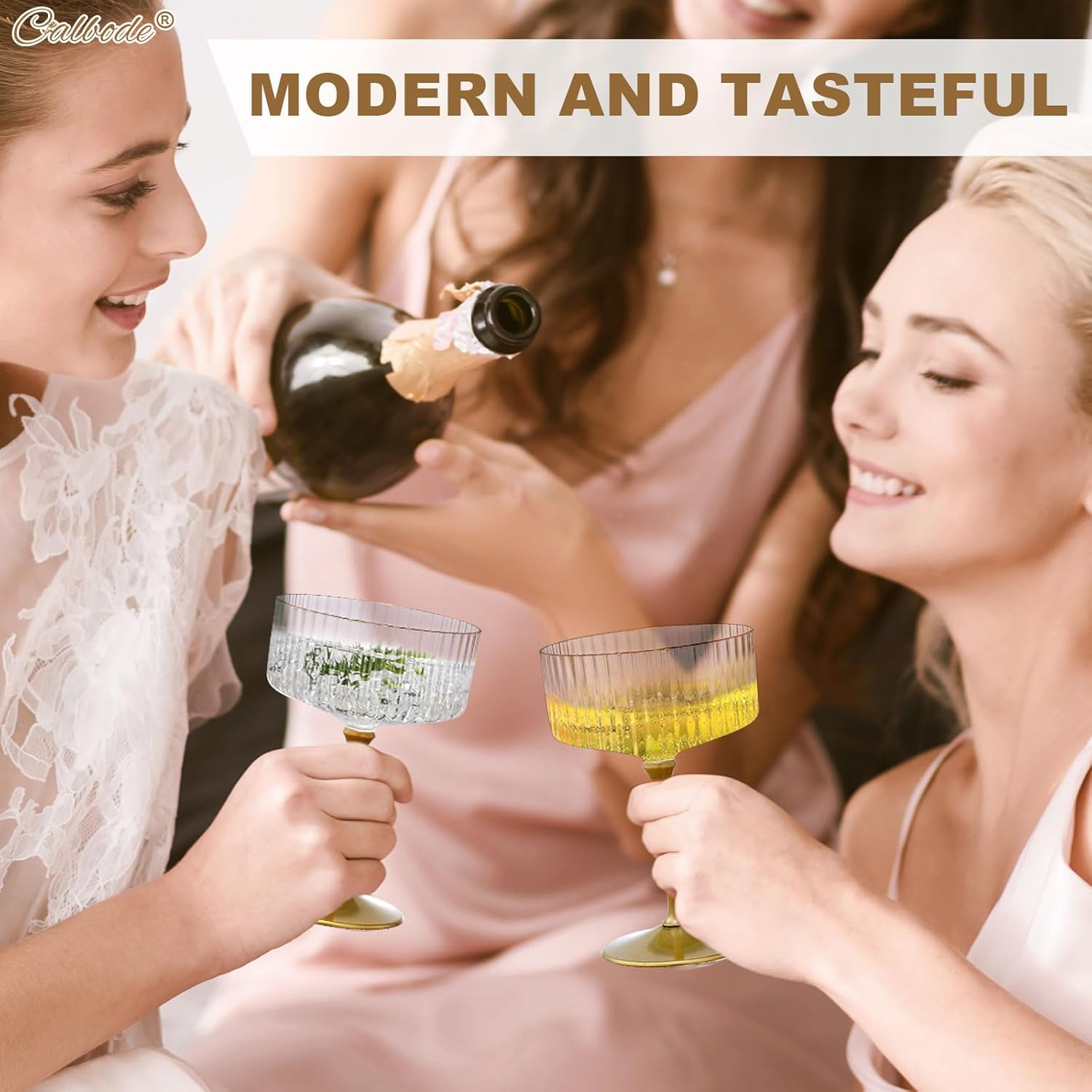 24Pcs Plastic Martini Glasses Disposable 10oz Plasitc Ribbed Coupe Glasses with Gold Rim Unbreakable Champagne Cups for Birthday Party Engagement Wedding Anniversary (Clear)