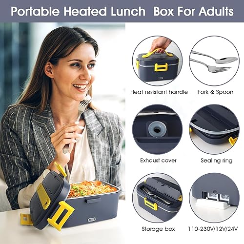Miniatura 5 de GALLIA Lonchera eléctrica, lonchera portátil con calefacción para adultos (12 V24 V110 V), recipientes de acero inoxidable de 1.8 L, calentador de