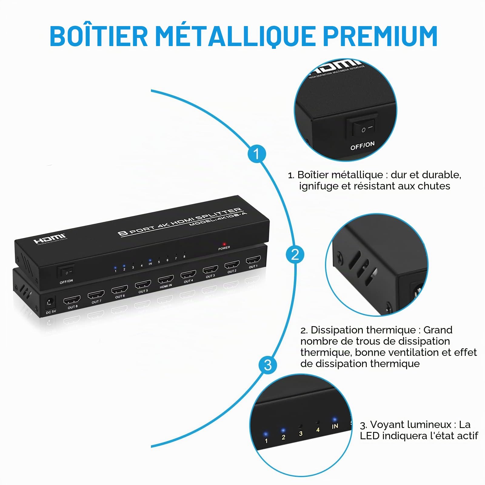 Répartiteur HDMI 1 entrée 8 sorties 4K Splitter Audio Vidéo avec Adaptateur Secteur