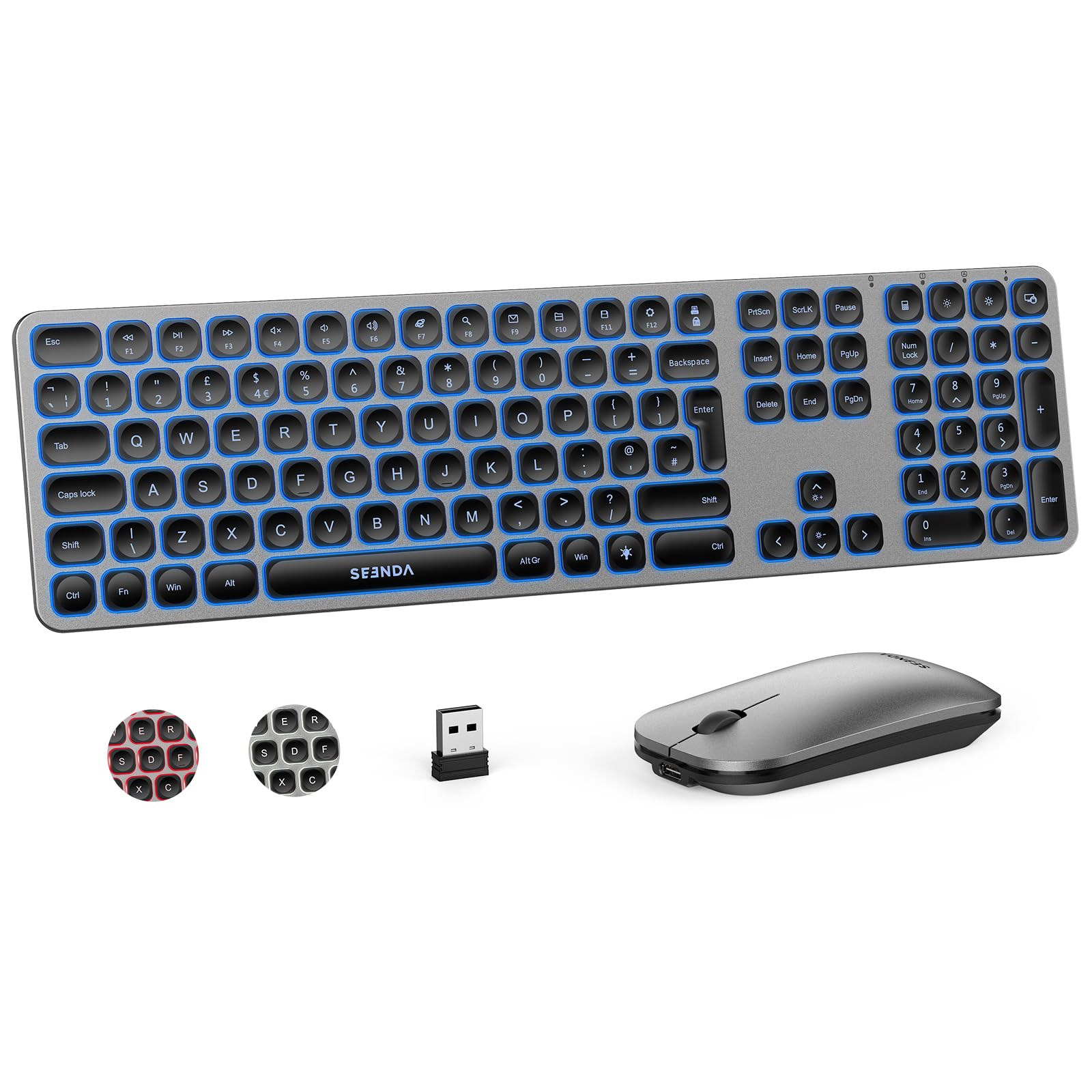 seenda Tastiera e mouse wireless, retroilluminazione a 3 colori (rosso-bianco-blu), ultra sottile ricaricabile retroilluminato silenzioso USB tastiera e mouse set completo QWERTY UK per PC Windows