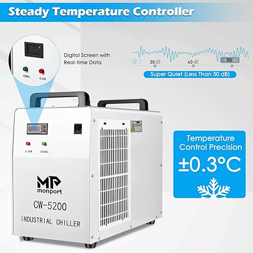 Miniatura 3 de Monport Enfriador de agua industrial 6L CW-5200 0.9hp 2.6Galmin Sistema de refrigeración por agua para 50W-150W CO2 Grabador láser y máquina de corte