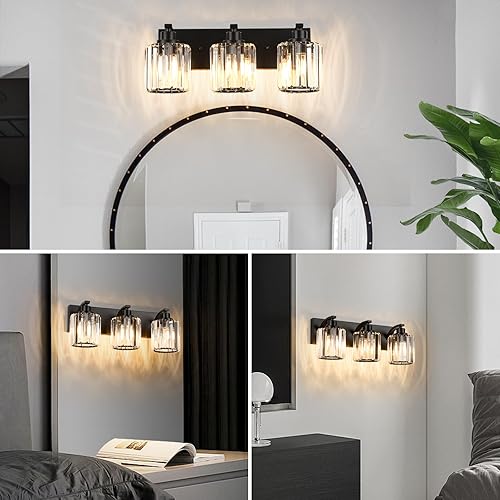 Miniatura 6 de 3 luces de cristal para tocador de baño, moderna lámpara de baño negra sobre espejo, luces de tocador para dormitorio, baño, pasillo, base E27