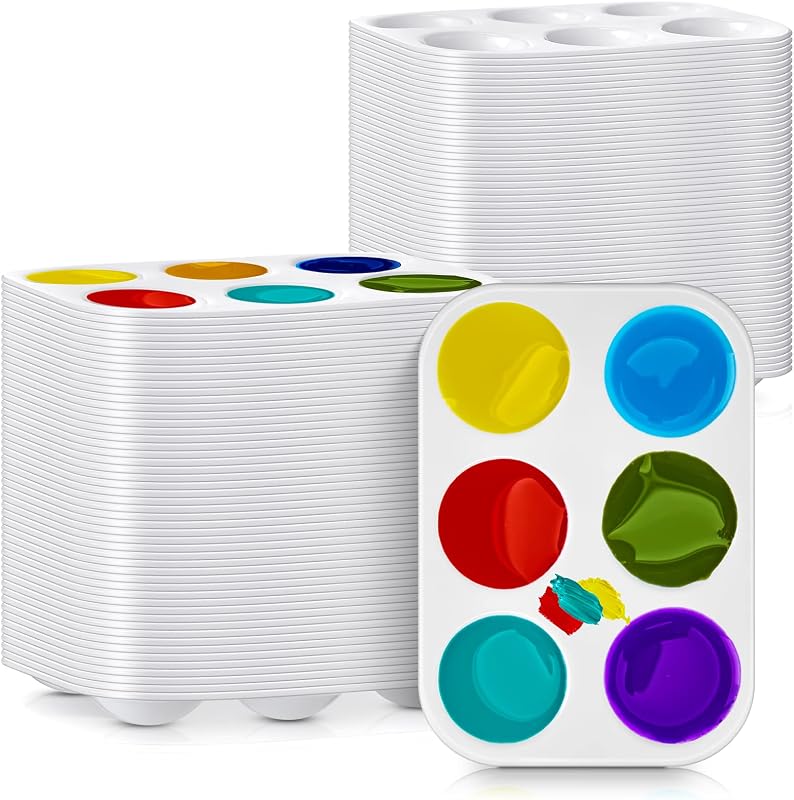 Thenshop Paletas de pintura de plástico blanco de 100 piezas Paleta de acuarela de 6 pocillos | Paleta de bandeja de pintura rectangular, paleta de mezcla para niños, estudiantes y adultos, pintura acrílica artesanal