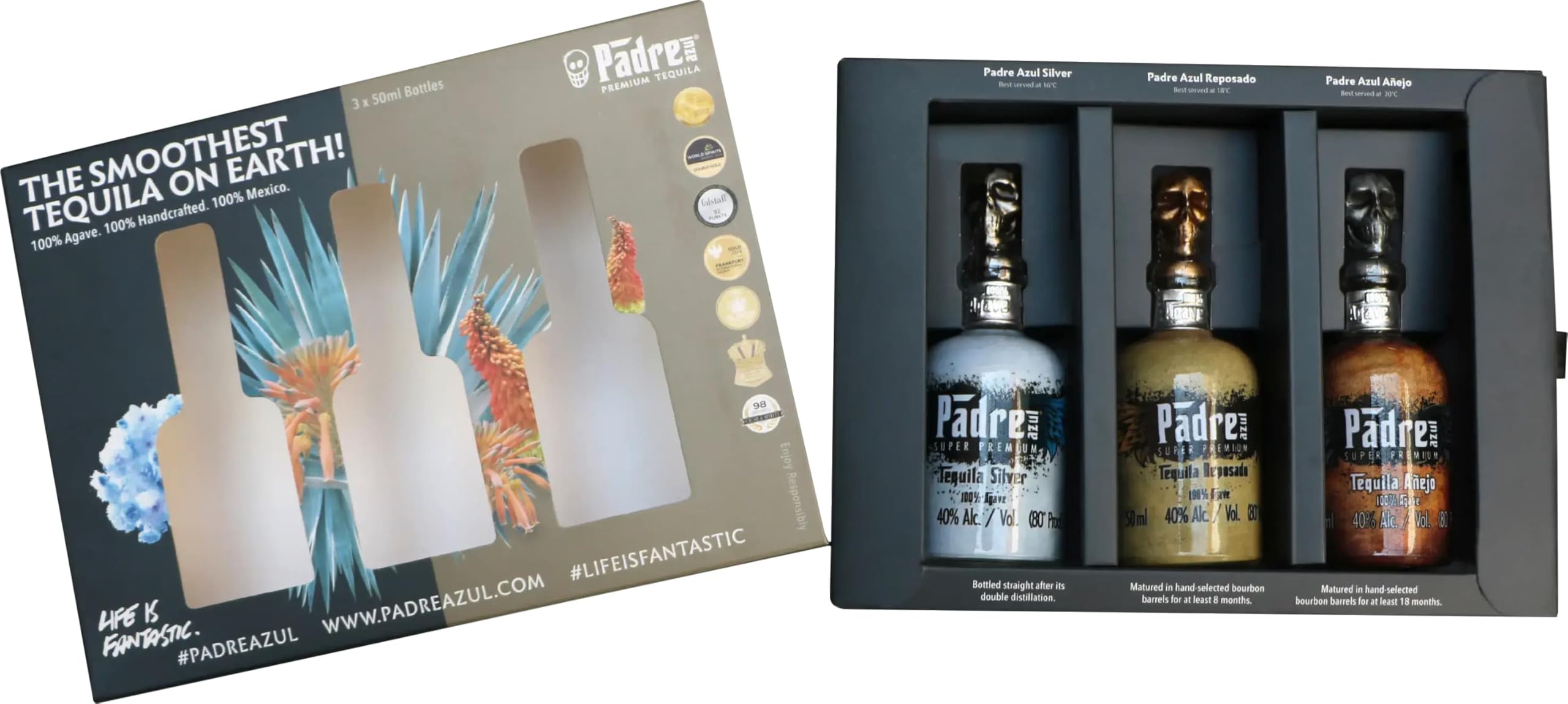 Padre azul Tequila Trio Tasting & Geschenkset mexikanischer Super Premium Tequila Silver Reposado Anejo 40% vol. 3x50 ml
