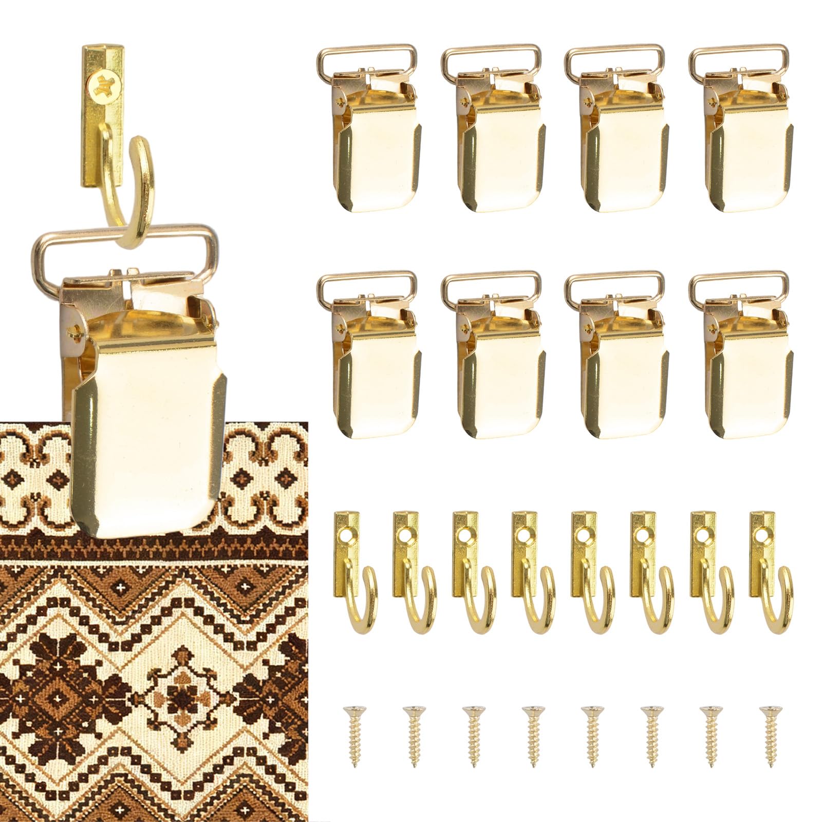 INCREWAY 8PCS Golden Tapestry Clips Metal Hanging Clips for Wall Art Tapestry Display, Fabric Clip Hangers for Blanket Curtain Poster Hanging Use