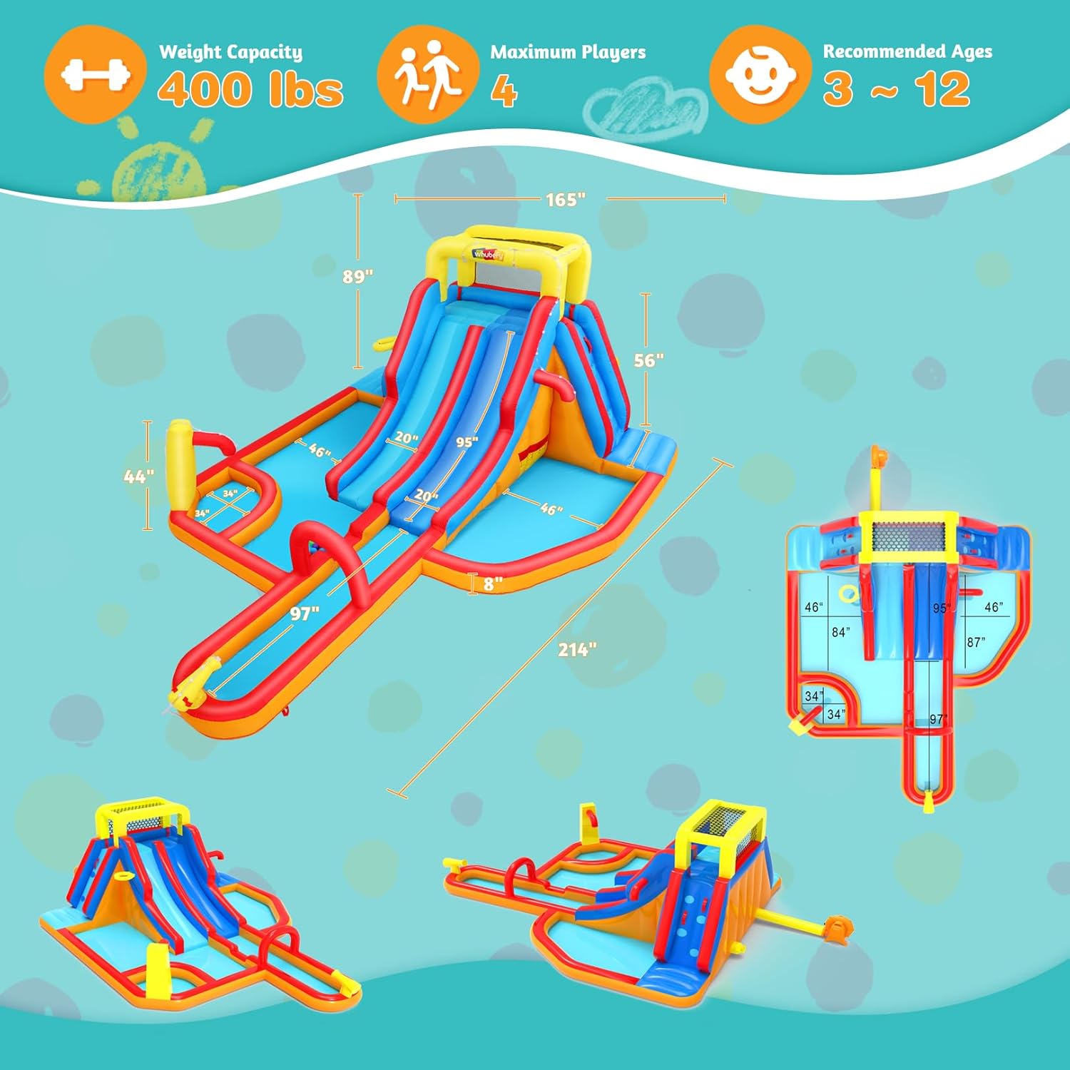 AKEYDIY Water Slide for Kids with Blower, Inflatable Water Park Kids Double Waterslides Backyard Fun Blow Up Water Slide with Splash Pool, Climbing Wall, Basketball Hoop, Water Cannon